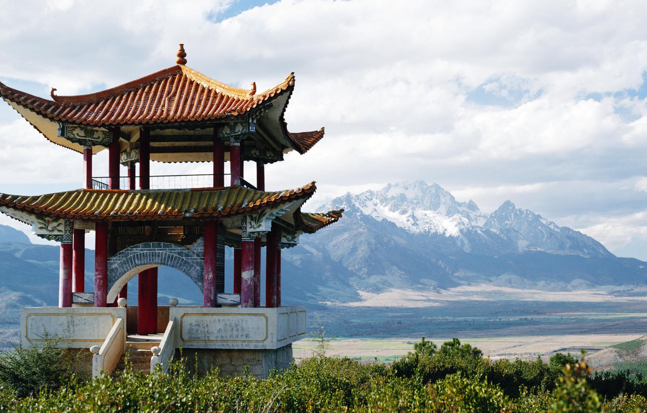 Wallpaper China, pagoda, snowy mountains image for desktop, section пейзажи