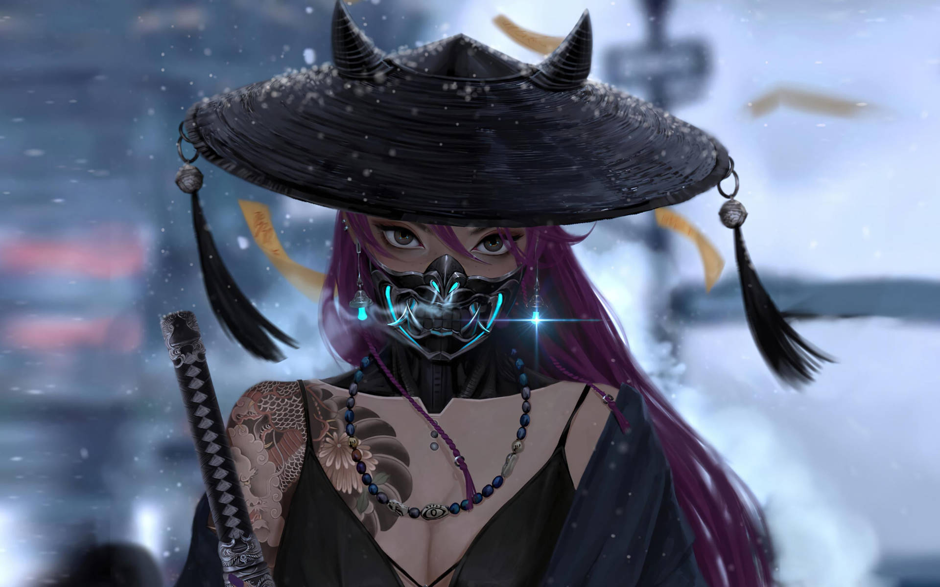 Download Oni Mask Girl Samurai Wallpaper