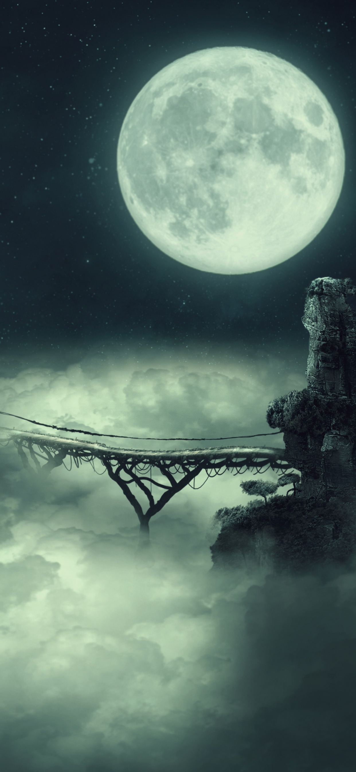 Full moon Wallpaper 4K, Dark Sky, Clouds, Bridge, Starry sky, Surreal, Fantasy