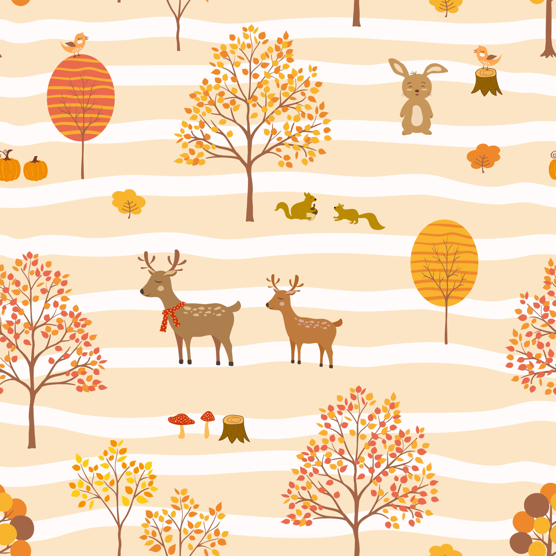 Cute animals happy on autumn forest, seamless pattern in cartoon style for decorative, kid product, fashion, fabric, textile, print or wallpaper