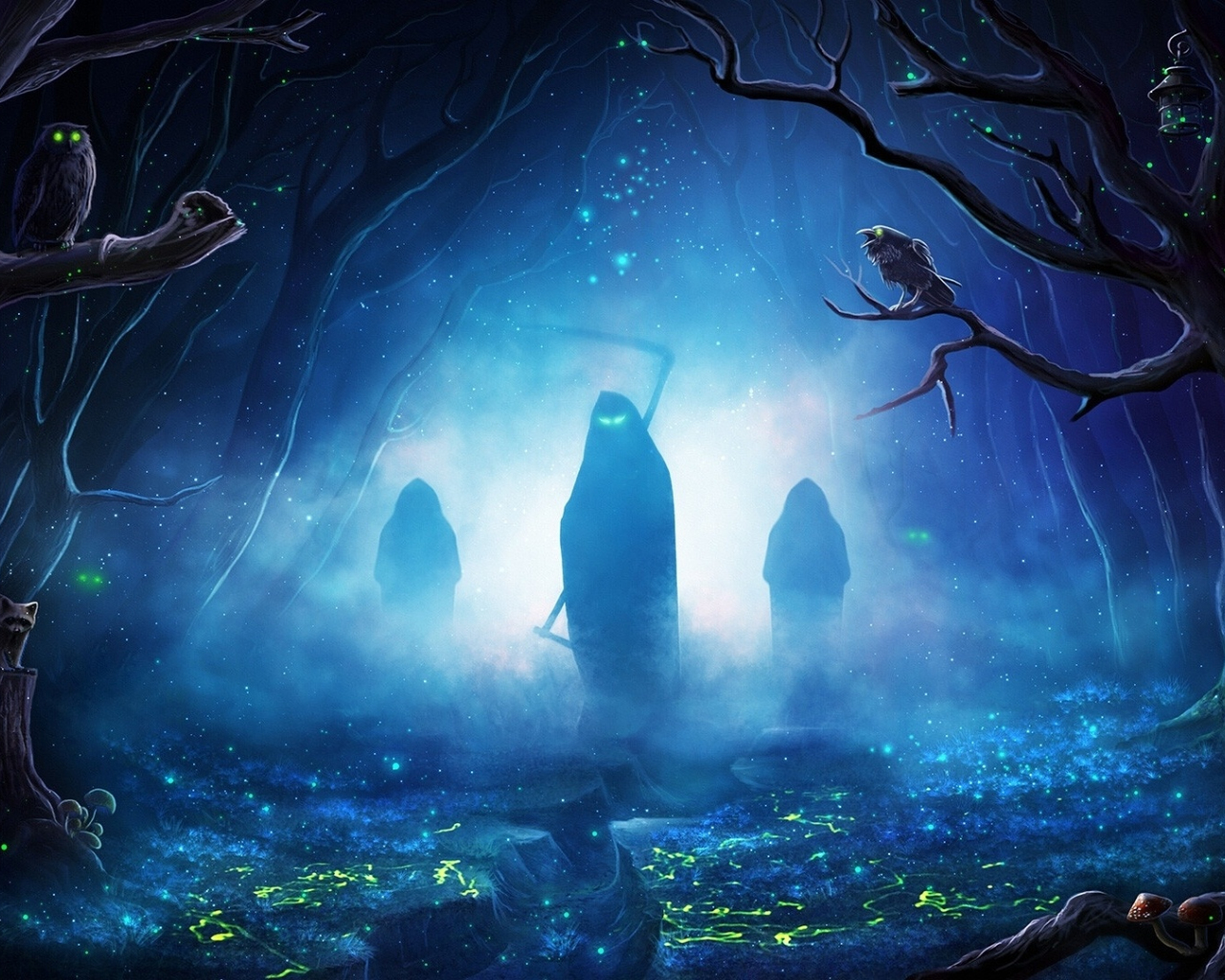 Download halloween, silhouette, creepy reapers, nightout, forest, art 1280x1024 wallpaper, standard 5:4 fullscreen wallpaper, 1280x1024 HD image, background, 20887