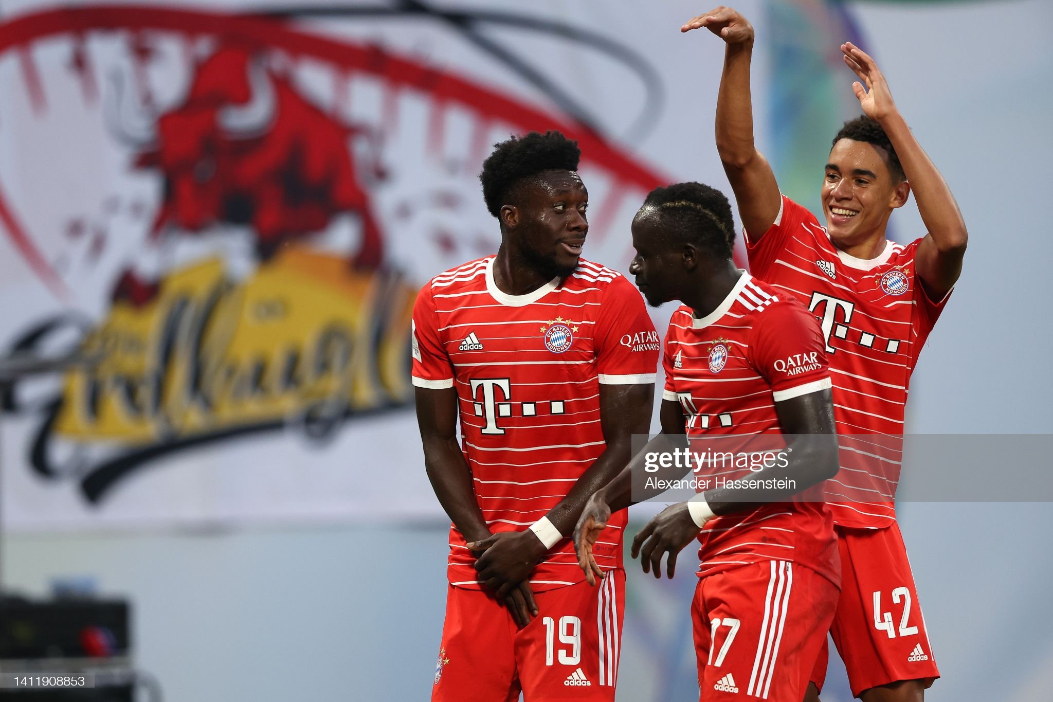 Jamal Musiala of FC Bayern München celebrates with his team mates. News Photo