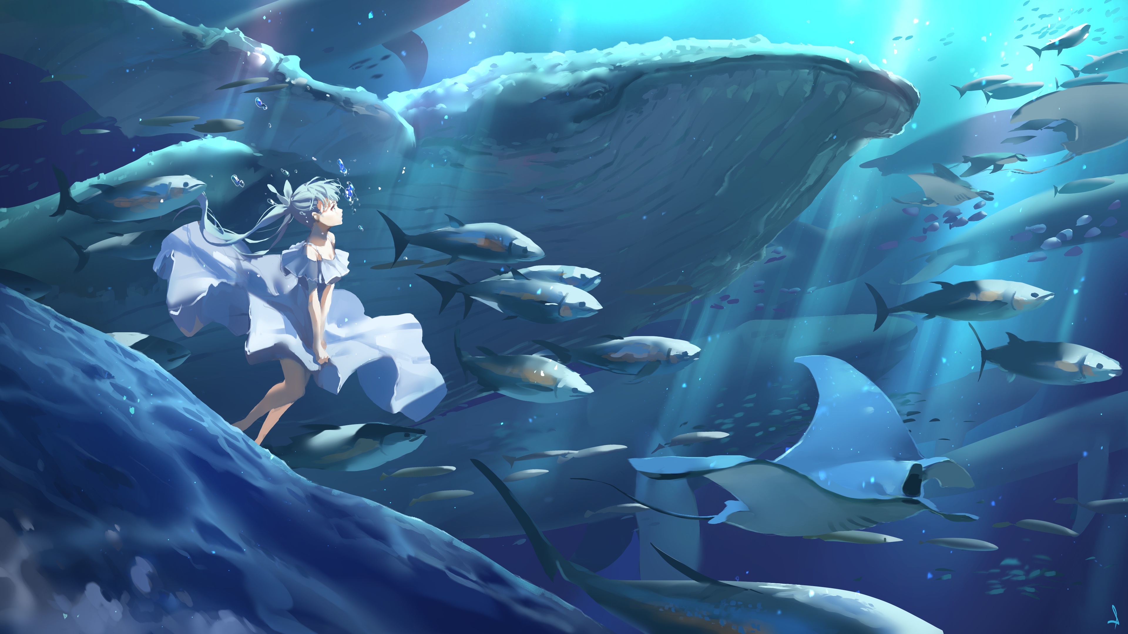 Anime Girl Underwater With Sealife