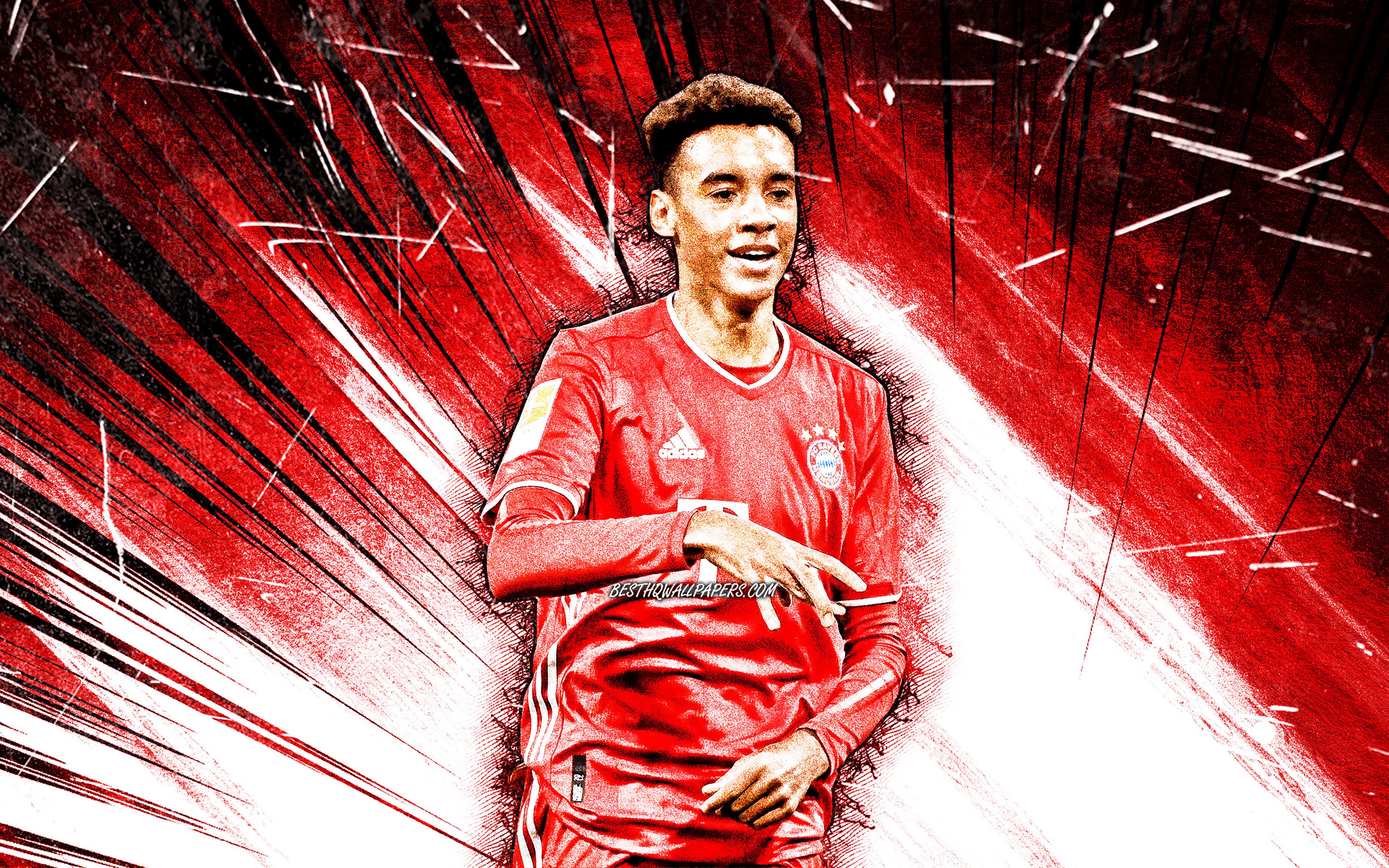 Download wallpaper 4k, Jamal Musiala, grunge art, Bayern Munich FC, german footballers, Bundesliga, red abstract rays, soccer, Germany, Jamal Musiala Bayern Munich, Jamal Musiala 4K for desktop with resolution 3840x2400. High Quality