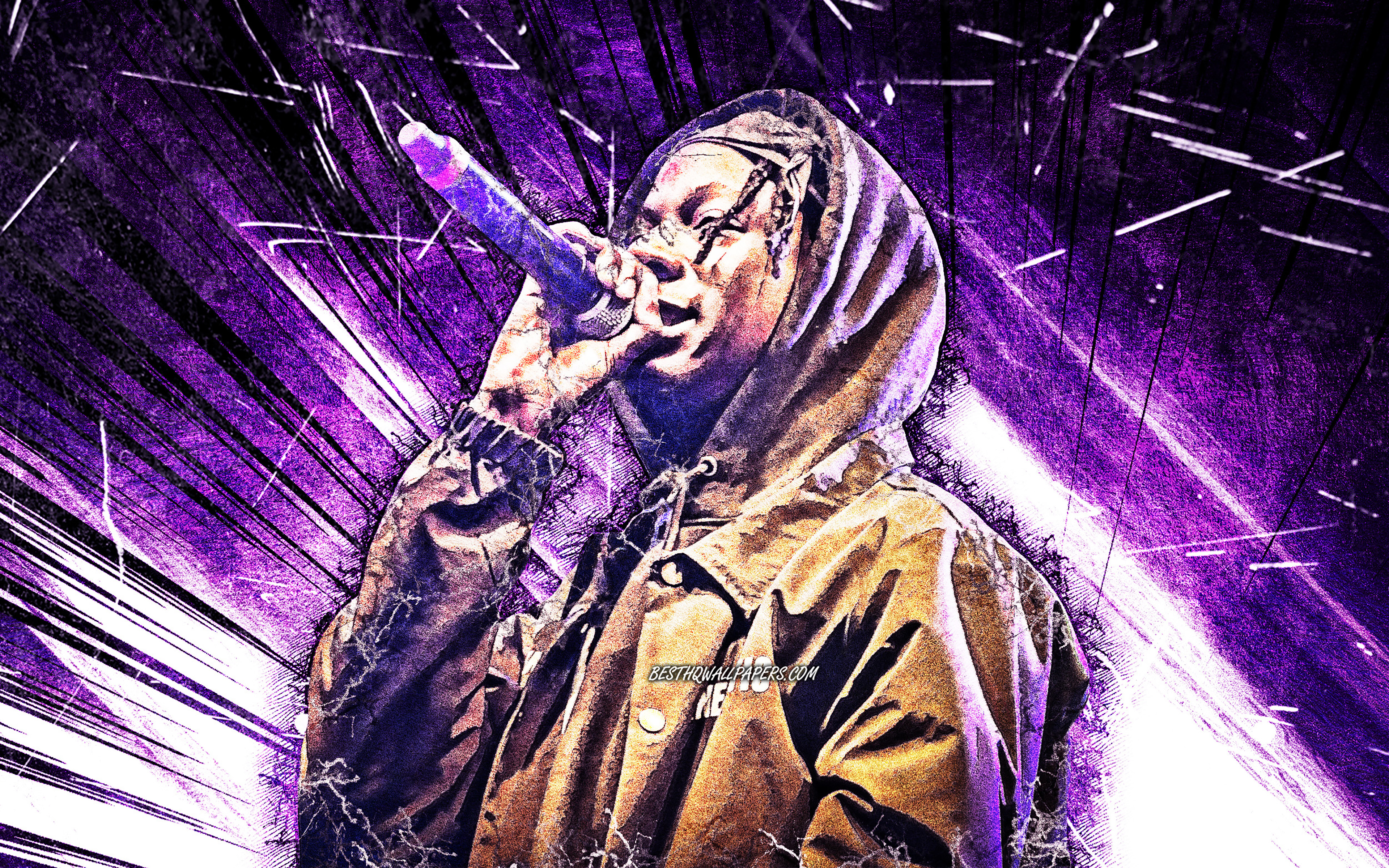 Download Wallpaper 4k, Joey Badass, Grunge Art, American Rapper, Music Stars, Jo Vaughn Virginie Scott, American Celebrity, Joey Badass With Microphone, Violet Abstract Rays, Joey Badass 4K For Desktop With Resolution 3840x2400. High