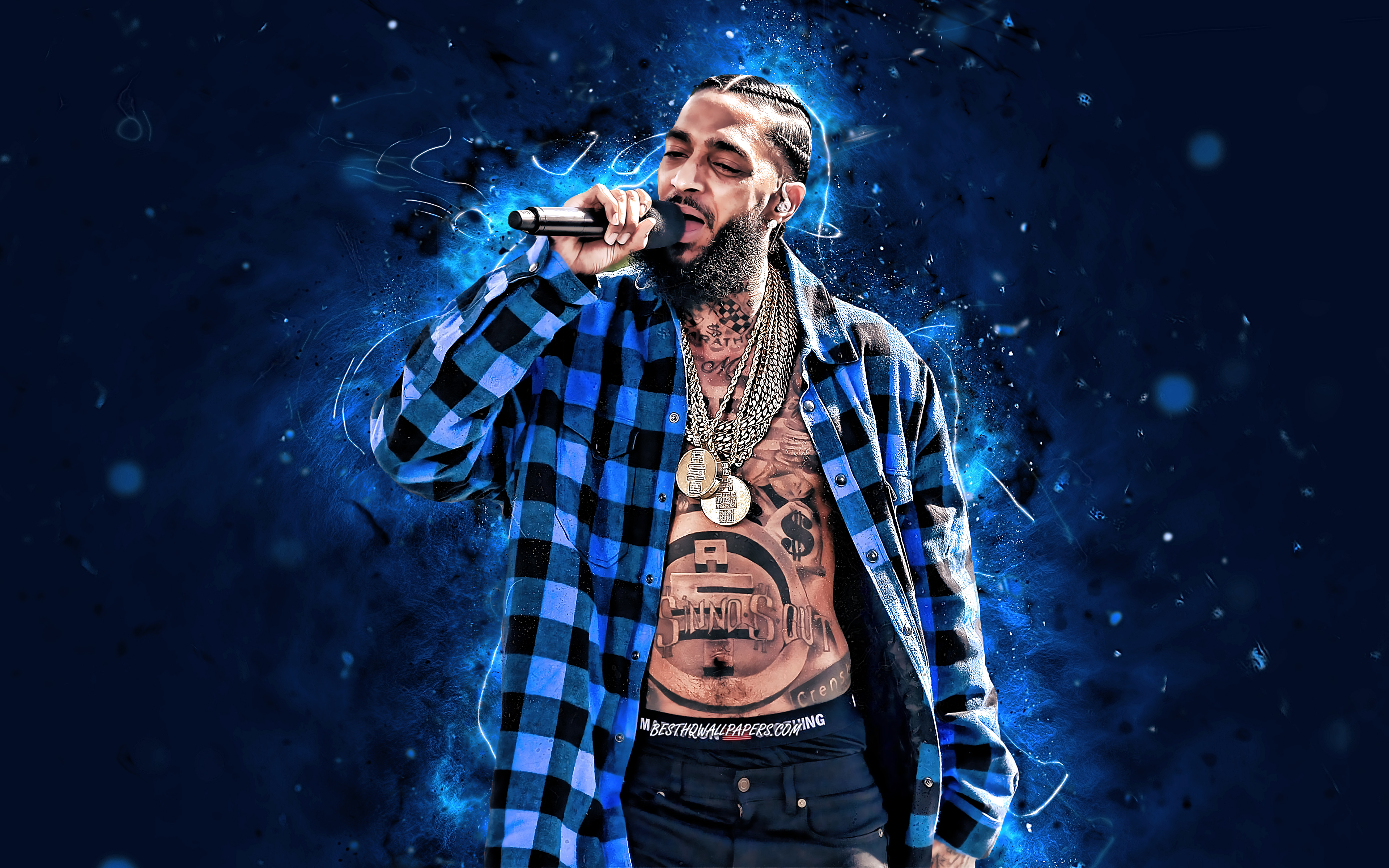 Download wallpaper Nipsey Hussle, 4k, american rapper, blue neon lights, music stars, creative, Ermias Joseph Asghedom, american celebrity, Nipsey Hussle 4K for desktop with resolution 3840x2400. High Quality HD picture wallpaper
