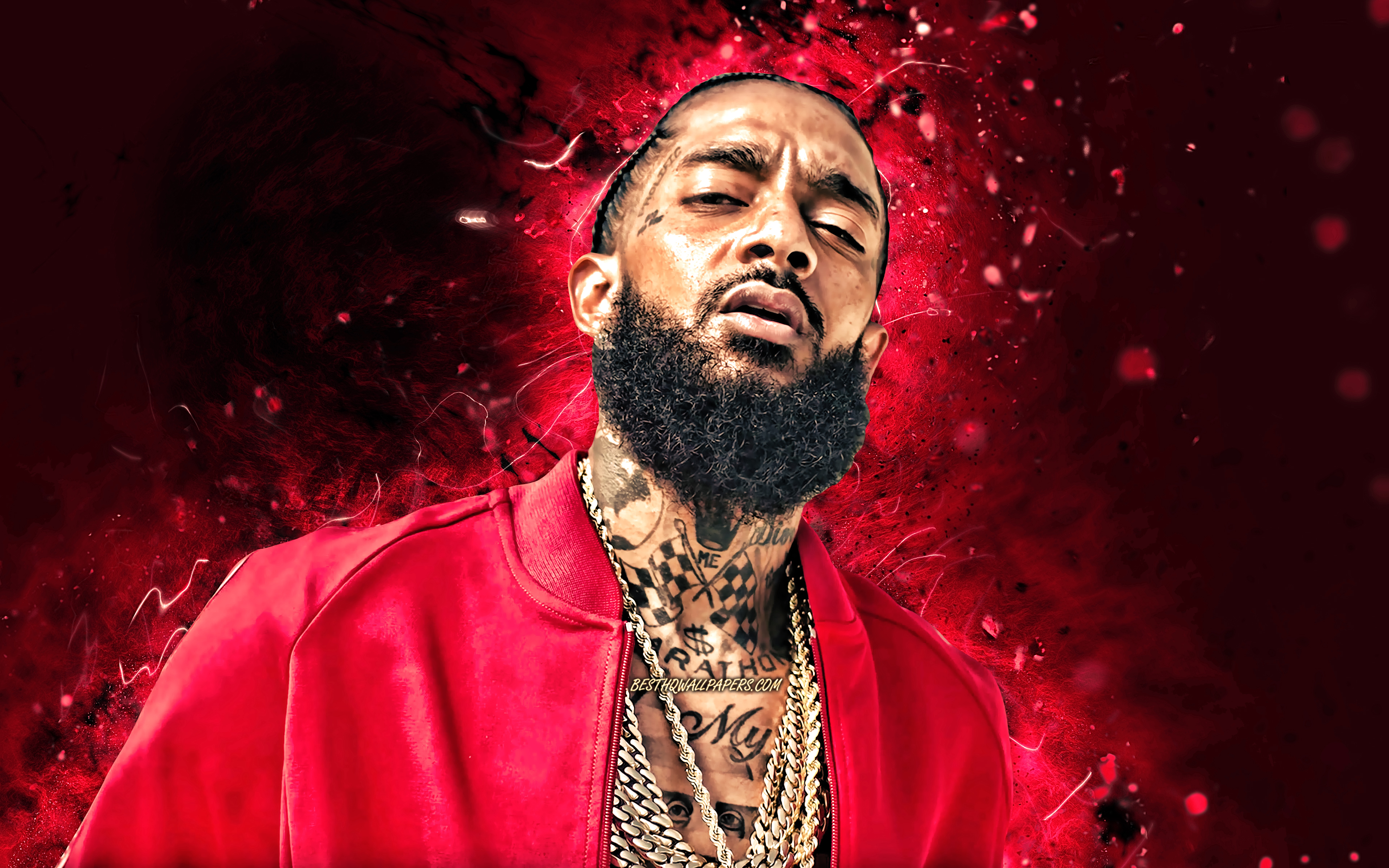 Download wallpaper Nipsey Hussle, american rapper, red neon lights, 4K, music stars, creative, Ermias Joseph Asghedom, american celebrity, Nipsey Hussle 4K for desktop with resolution 3840x2400. High Quality HD picture wallpaper