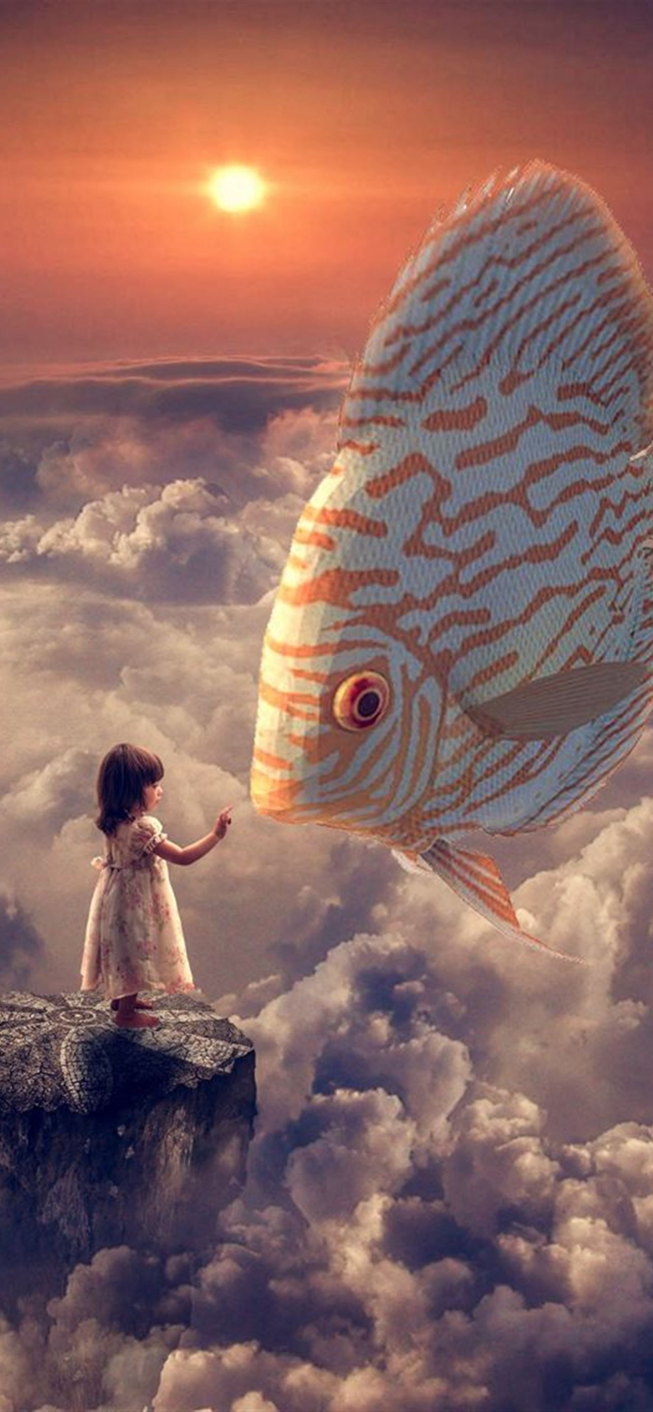 Anime Fantasy Girl Fish Clouds Sky iPhone Wallpaper Free Download
