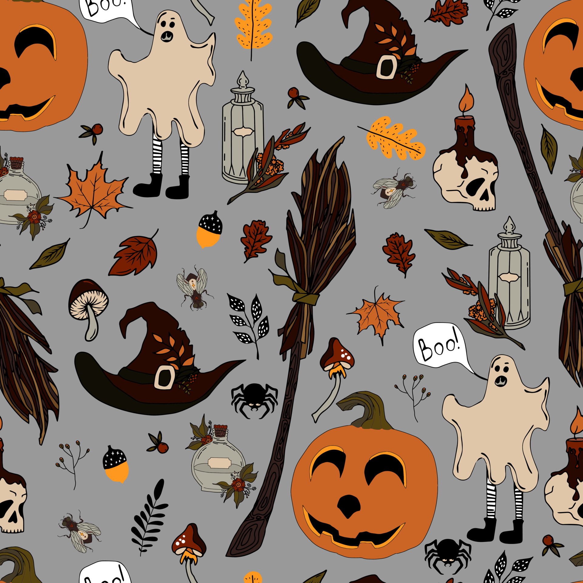 vector seamless pattern halloween eps. Doodle potion and wiccan symbols, pumpkin and skull, mushrooms and autumn leaves