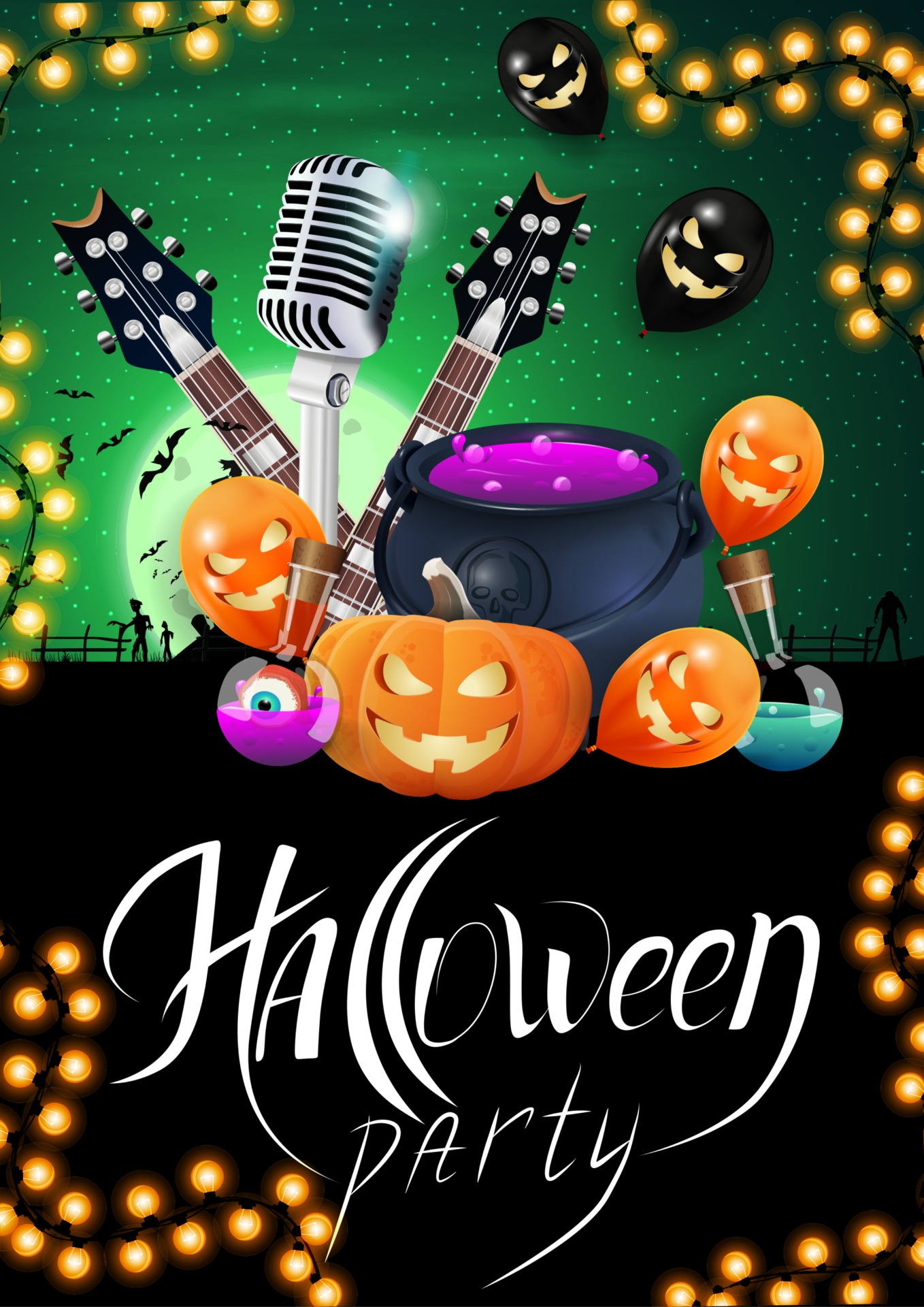 Halloween party, creative party invitation banner with microphone, guitars, pumpkins, witch's cauldron, flasks with potion and Halloween balloons. Green vertical for Halloween party poster
