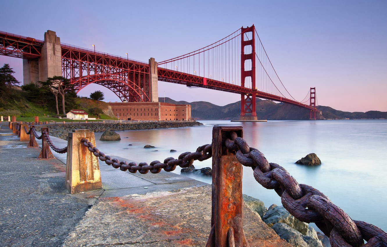 Wallpaper bridge, the city, Strait, stones, the evening, fence, CA, San Francisco, Golden Gate, USA, USA, Golden Gate Bridge, chain, United States, California, San Francisco image for desktop, section город