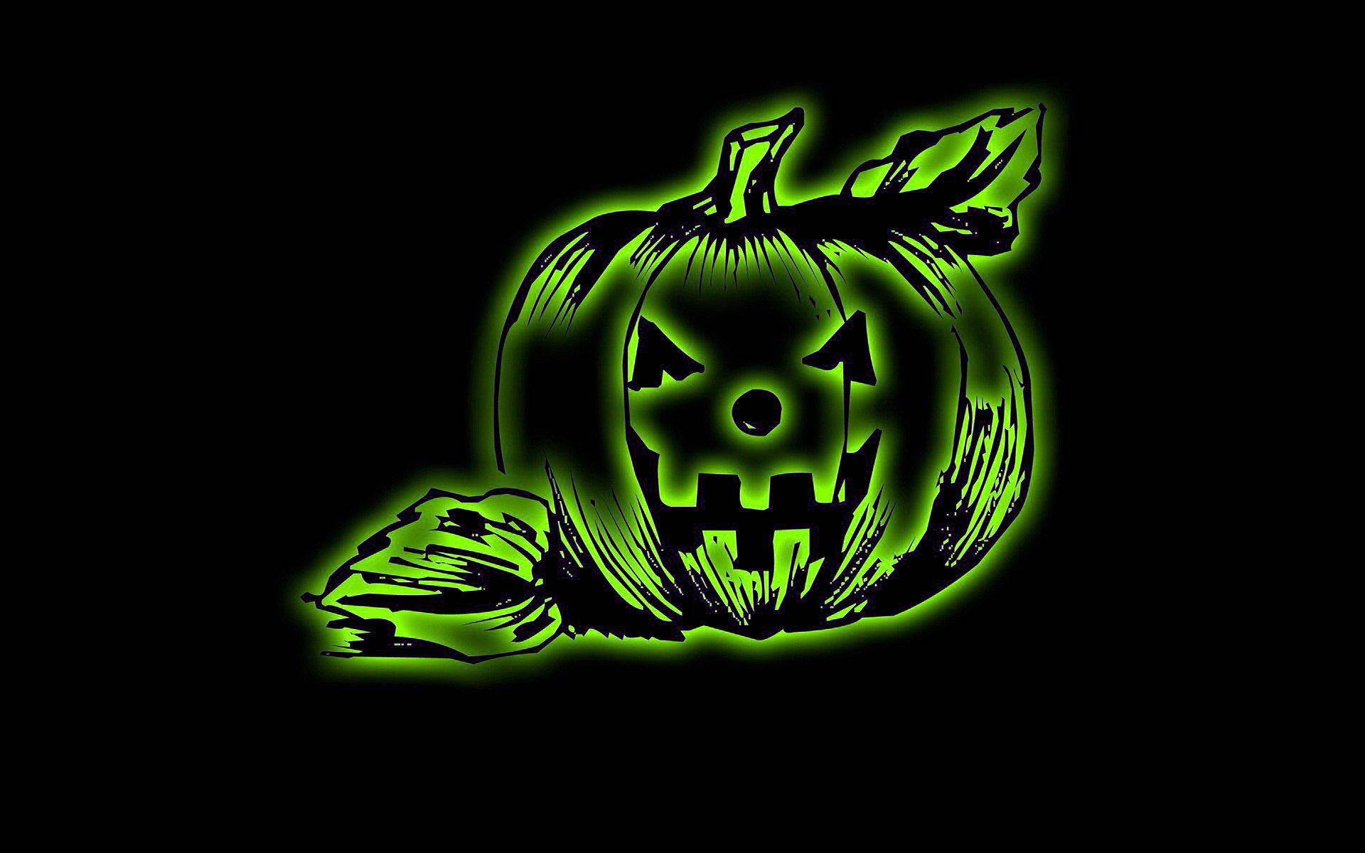 Download Scary Halloween Glowing Green Pumpkin Wallpaper