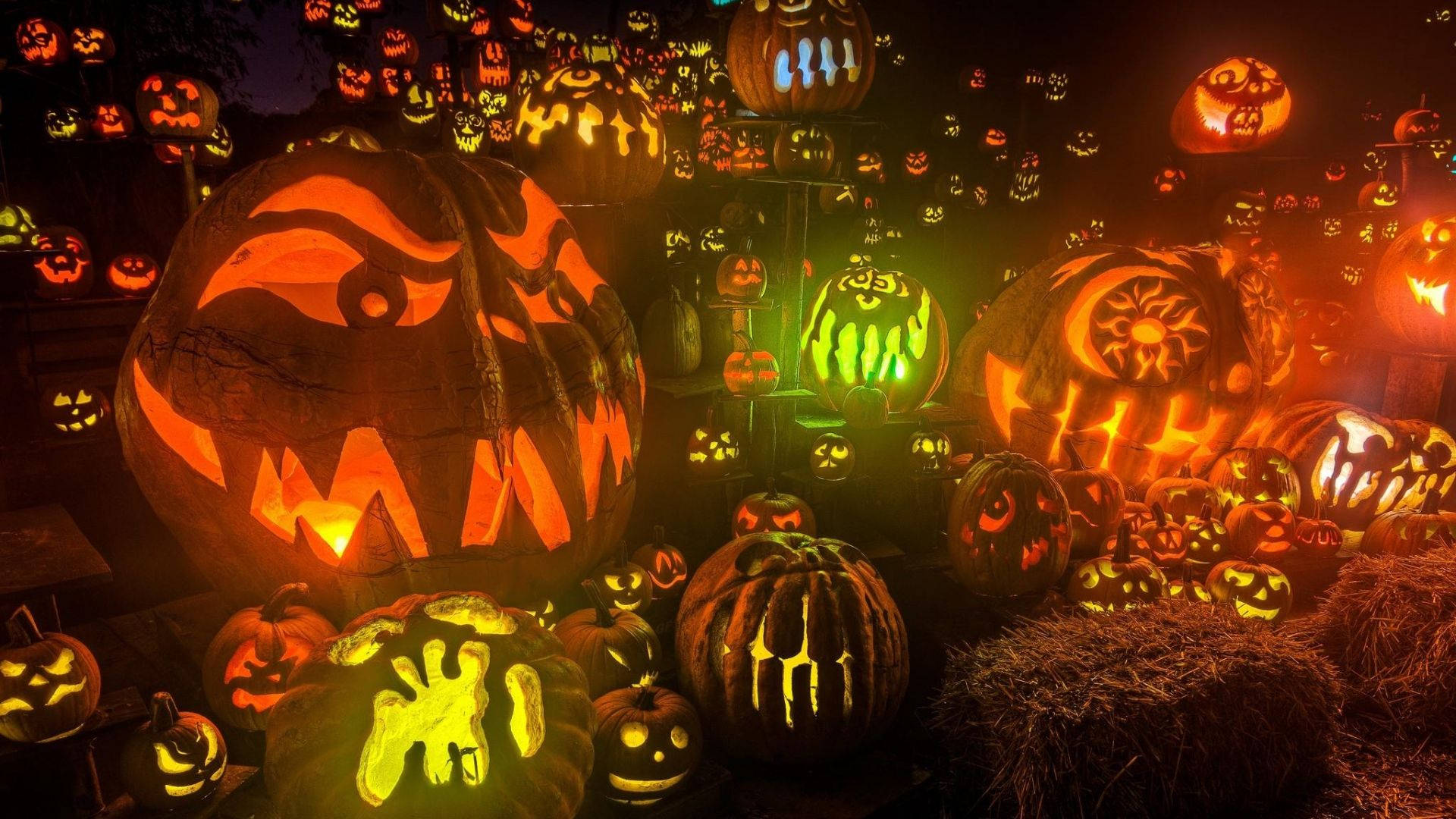 Download Scary Halloween Glowing Carved Pumpkins Wallpaper