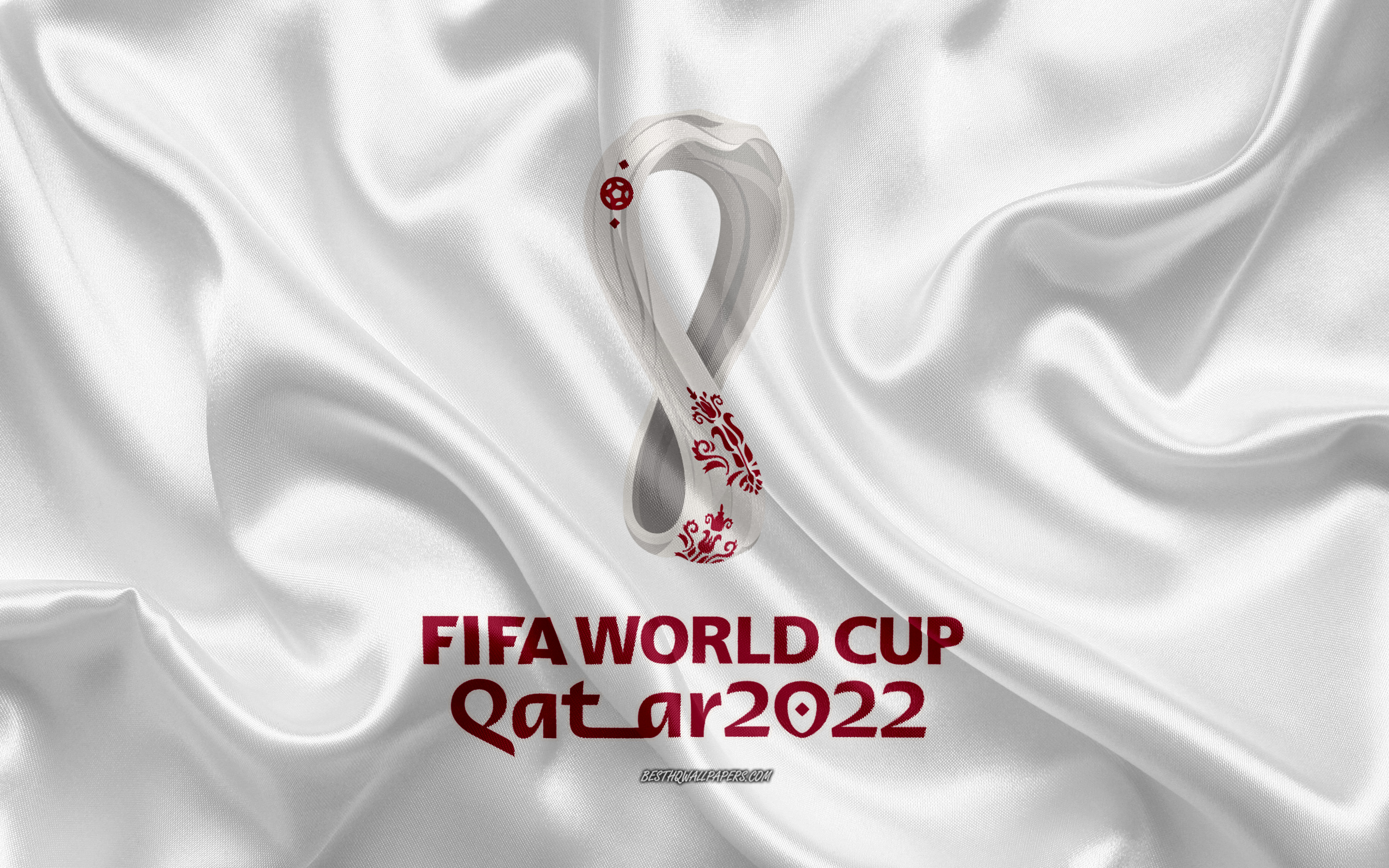 Download wallpaper 2022 FIFA World Cup, 4k, Qatar 2022, white silk texture, Qatar 2022 logo, Qatar 2022 emblem, 2022 FIFA World Cup logo, soccer for desktop with resolution 1024x1024. High Quality HD picture wallpaper