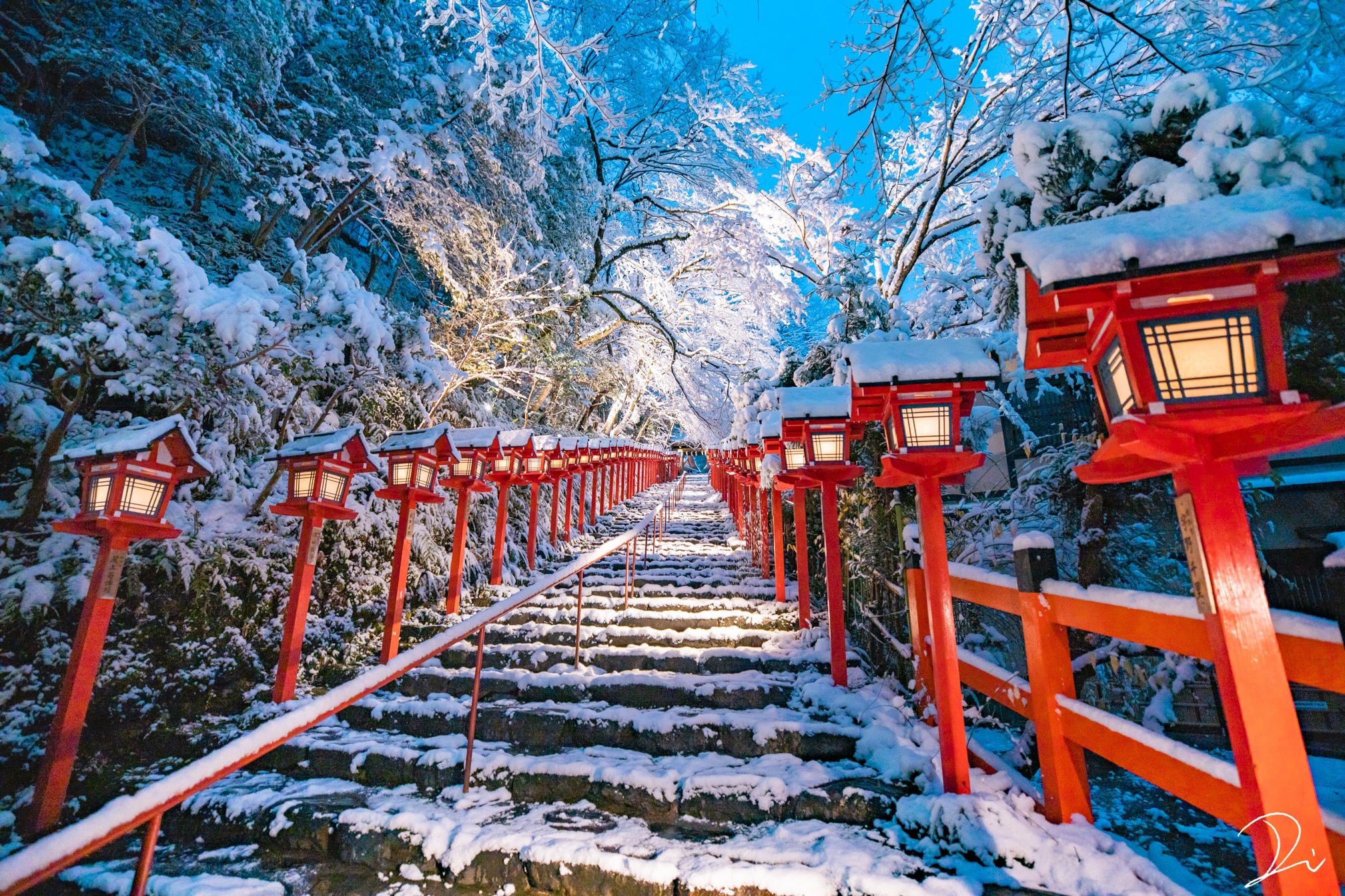 Japan Winter Asian Architecture Snow Steps Trees Lantern Low Angle Wallpaper:2016x1344