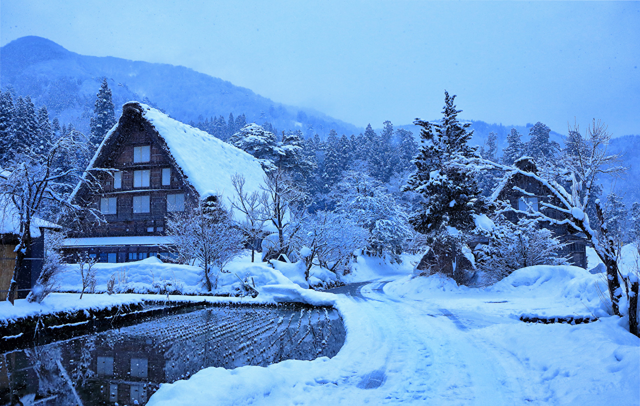 Desktop Wallpaper Japan Village Shirakawa Winter Snow Houses Cities
