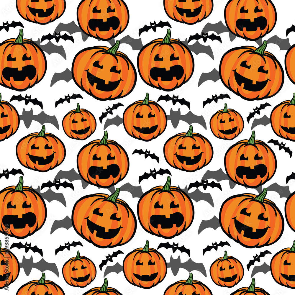 Jack O Lantern and bat Silhouette Background. Halloween Pumpkin Wallpaper illustration. funny, scary, seamless pattern for kids Stock Vector