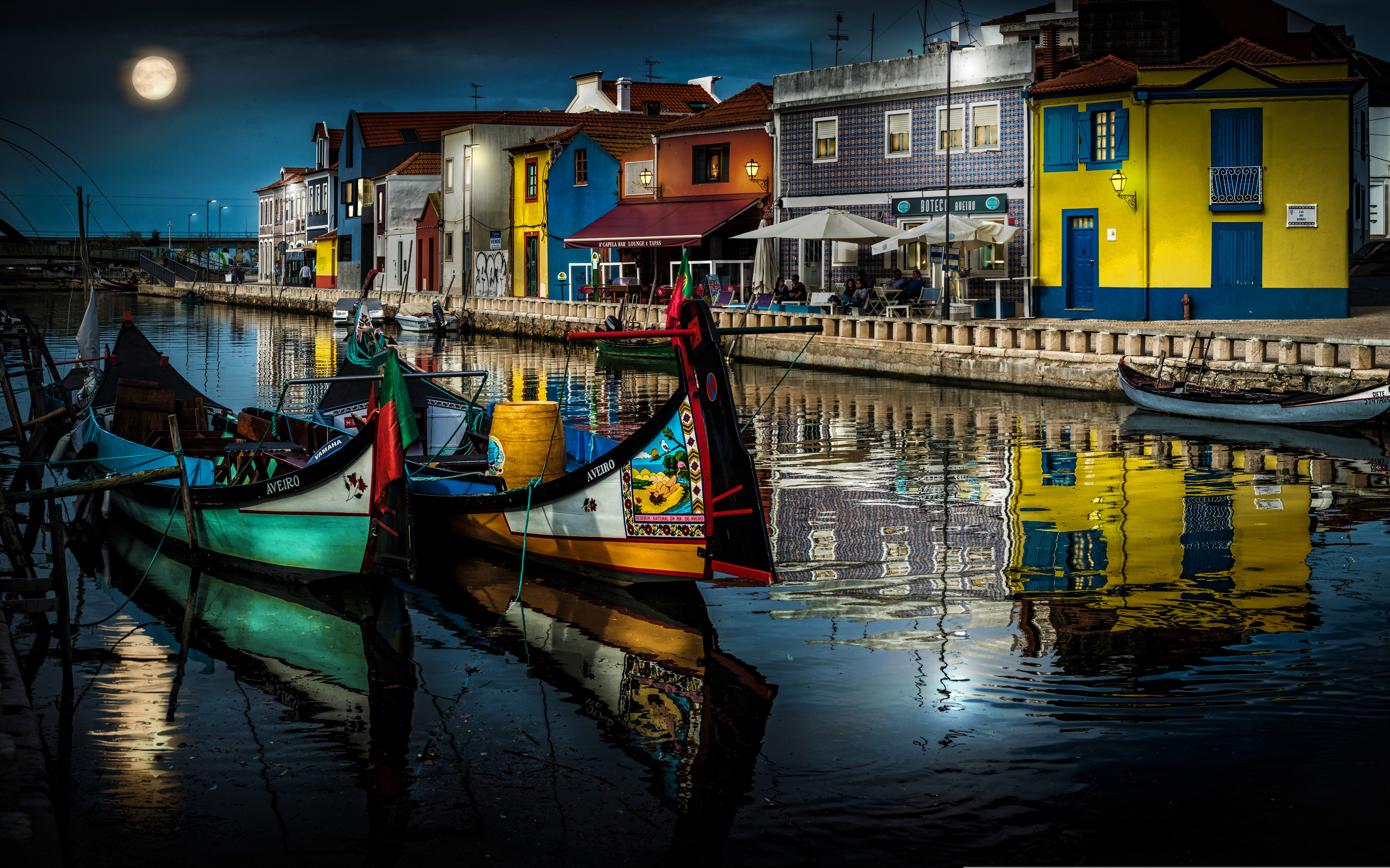 Download wallpaper Aveiro, 4k, pier, boats, portuguese cities, nightscapes, Portugal, Europe for desktop with resolution 3840x2400. High Quality HD picture wallpaper