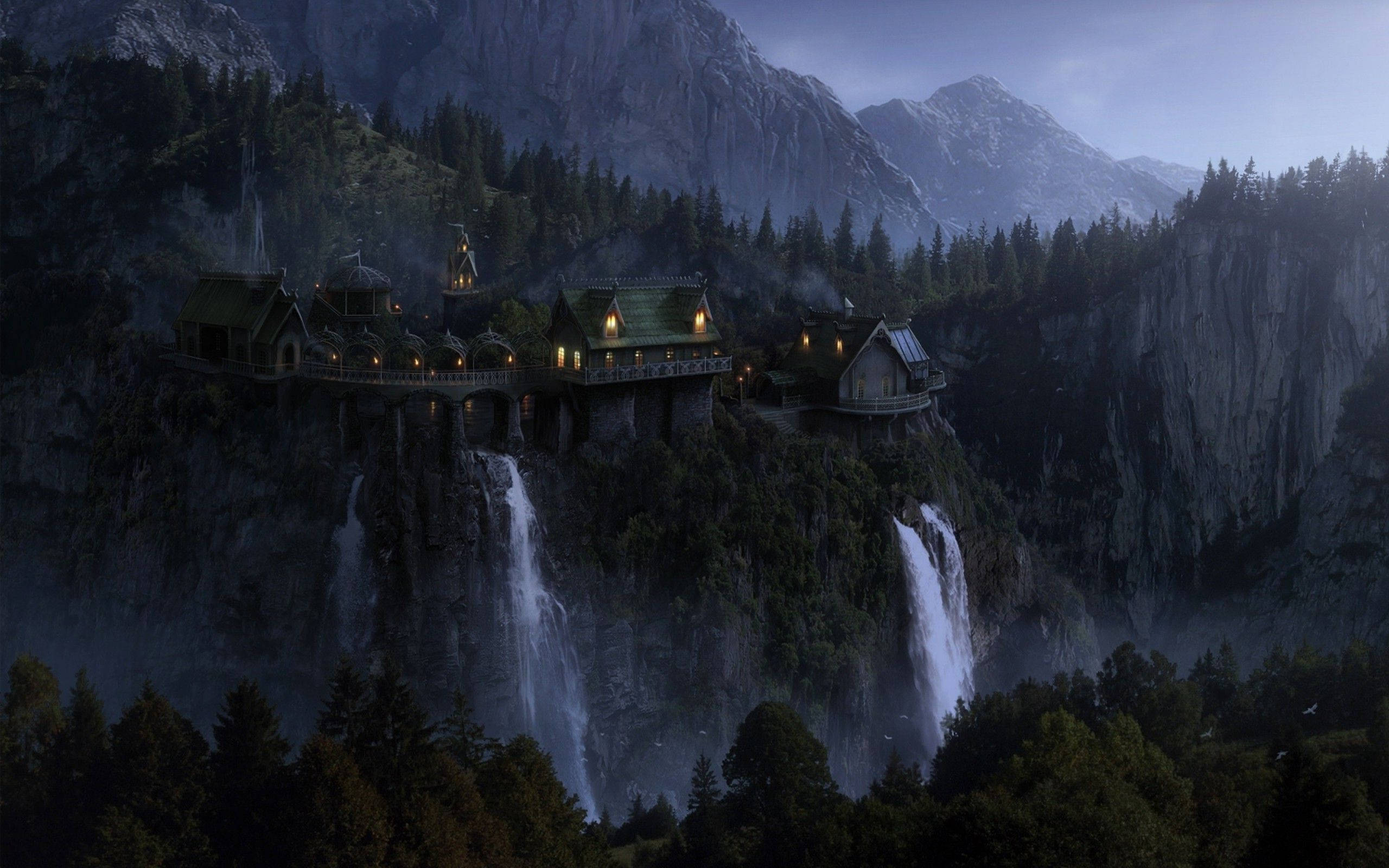 Download A Castle On Top Of A Waterfall In The Mountains Wallpaper