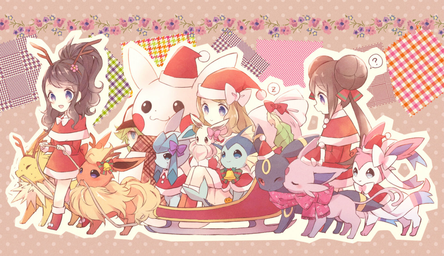 pokemon, Bell, Bow, Christmas, Eevee, Espeon, Flareon, Flowers, Glaceon, Hat, Jolteon, Leafeon, N, Pikachu, Pokemon, Ponytail, Scarf, Snowman, Sylveon, Torute, Umbreon, Vaporeon Wallpaper HD / Desktop and Mobile Background