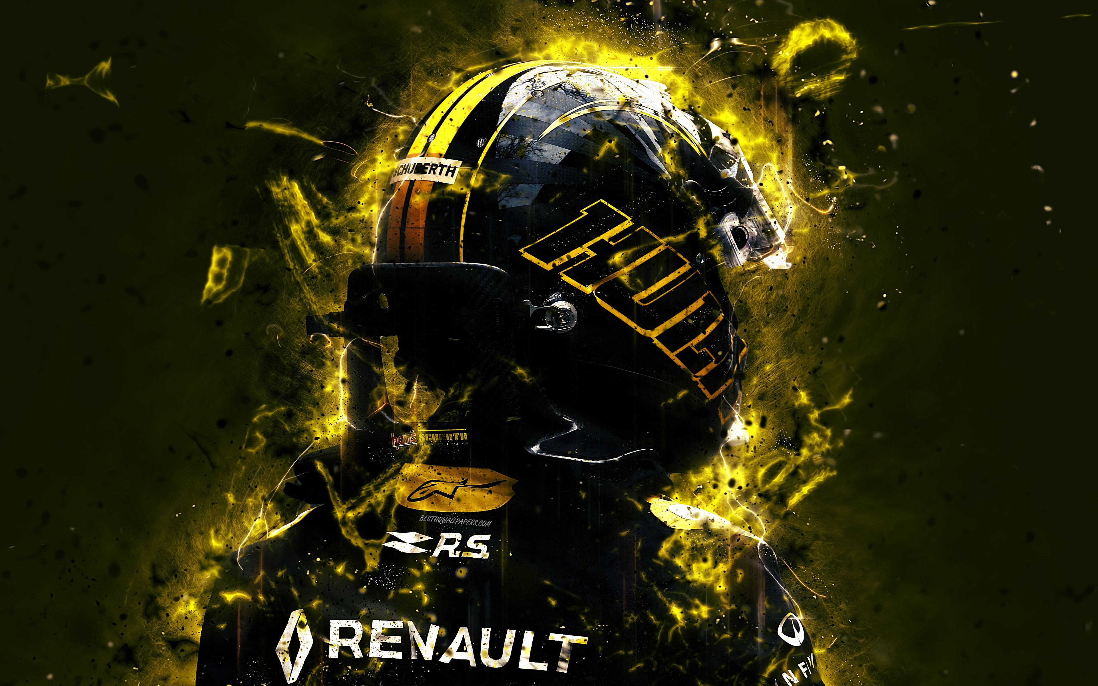Download wallpaper 4k, Nico Hulkenberg, abstract art, Formula 1, F1, Renault 2018, Renault Sport Formula One Team, Hulk, Hulkenberg, neon lights, Formula One, Renault for desktop with resolution 3840x2400. High Quality HD