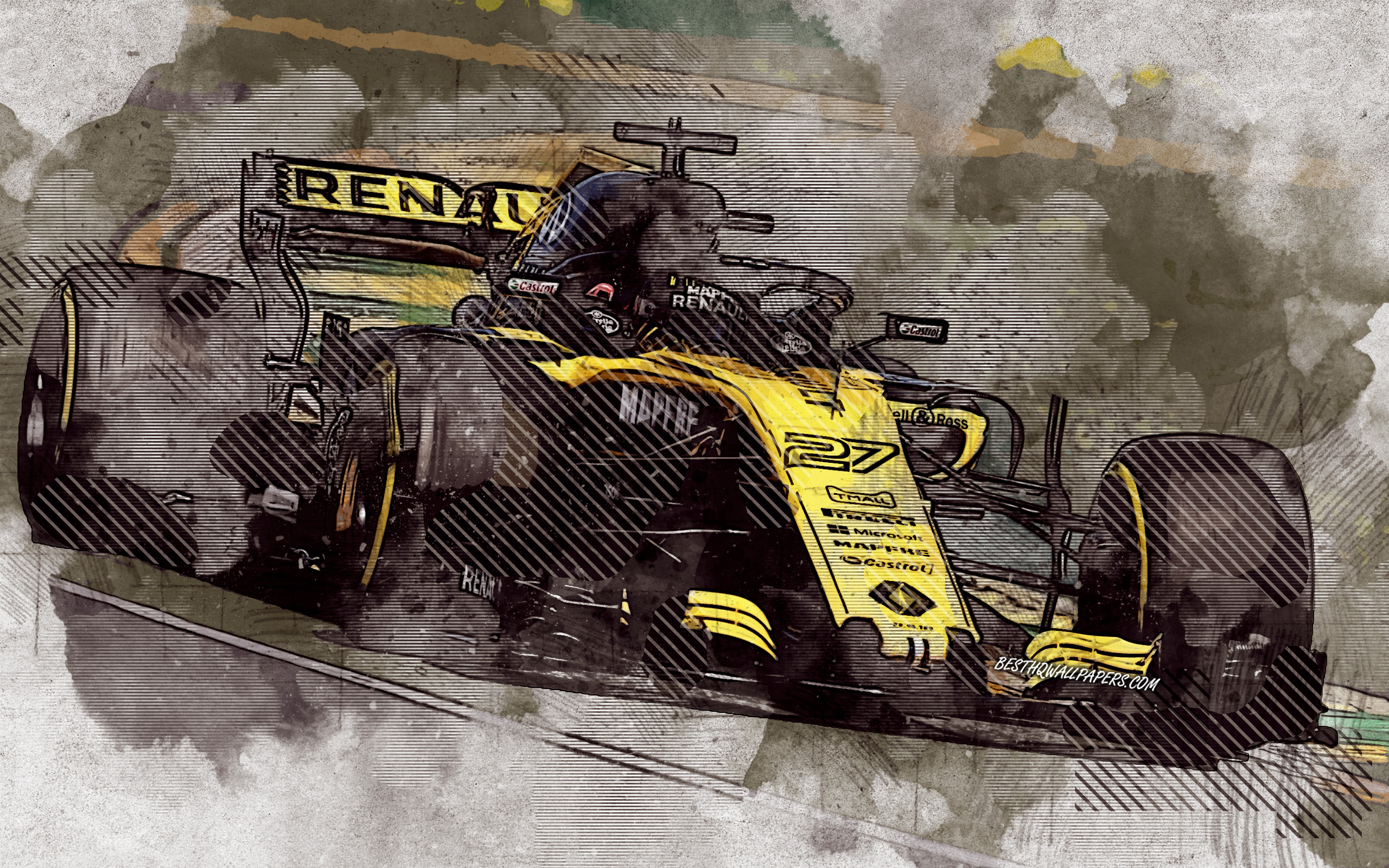 Download wallpaper Nico Hulkenberg, Renault F1 Team, Formula 1, Renault RS19, grunge art, creative art, F1, Renault, German racing driver for desktop with resolution 2560x1600. High Quality HD picture wallpaper
