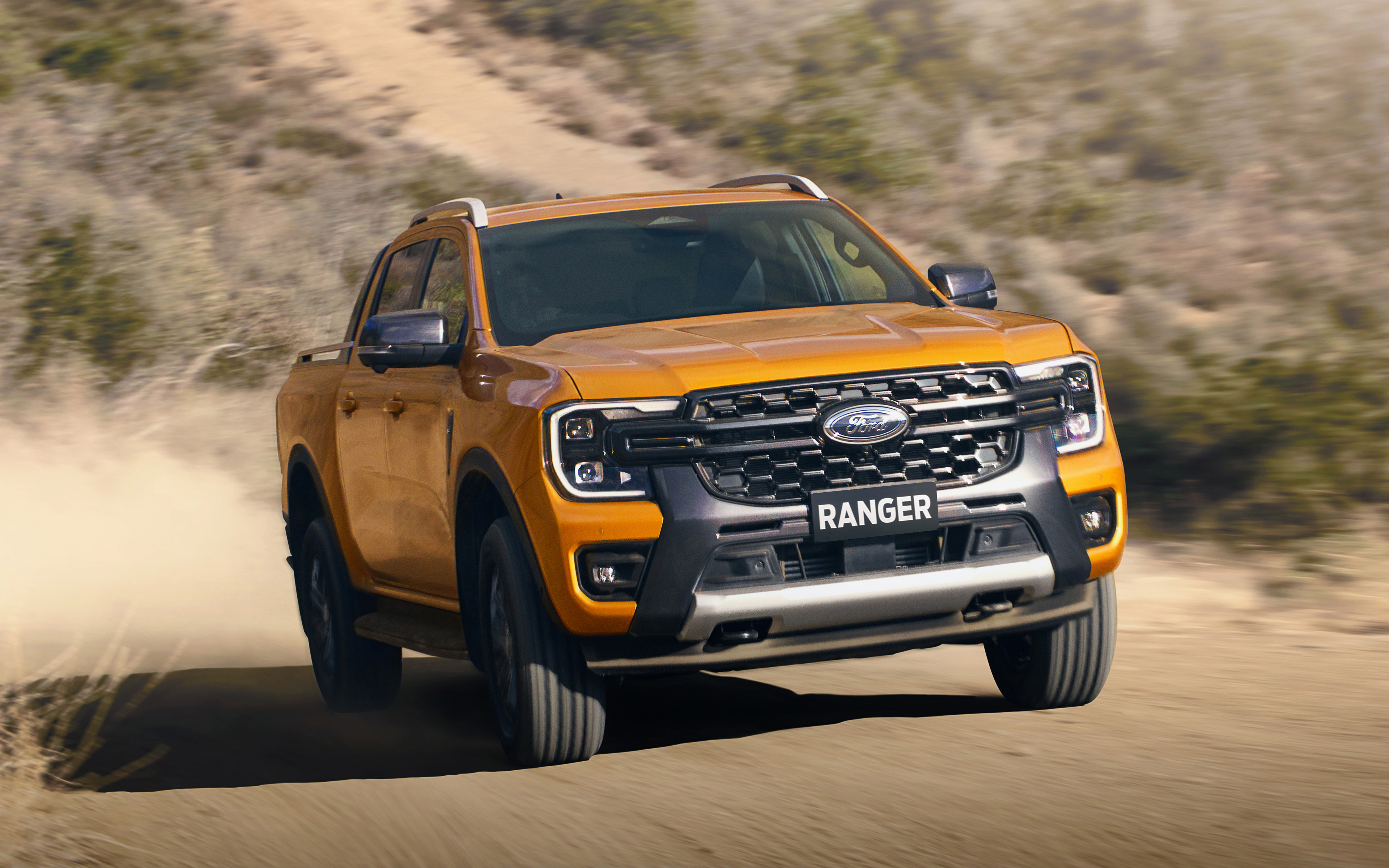Download wallpaper Ford Ranger Wildtrak, 4k, exterior, front view, new yellow Ranger Wildtrack, American cars, Australian version, Ford for desktop with resolution 3840x2400. High Quality HD picture wallpaper
