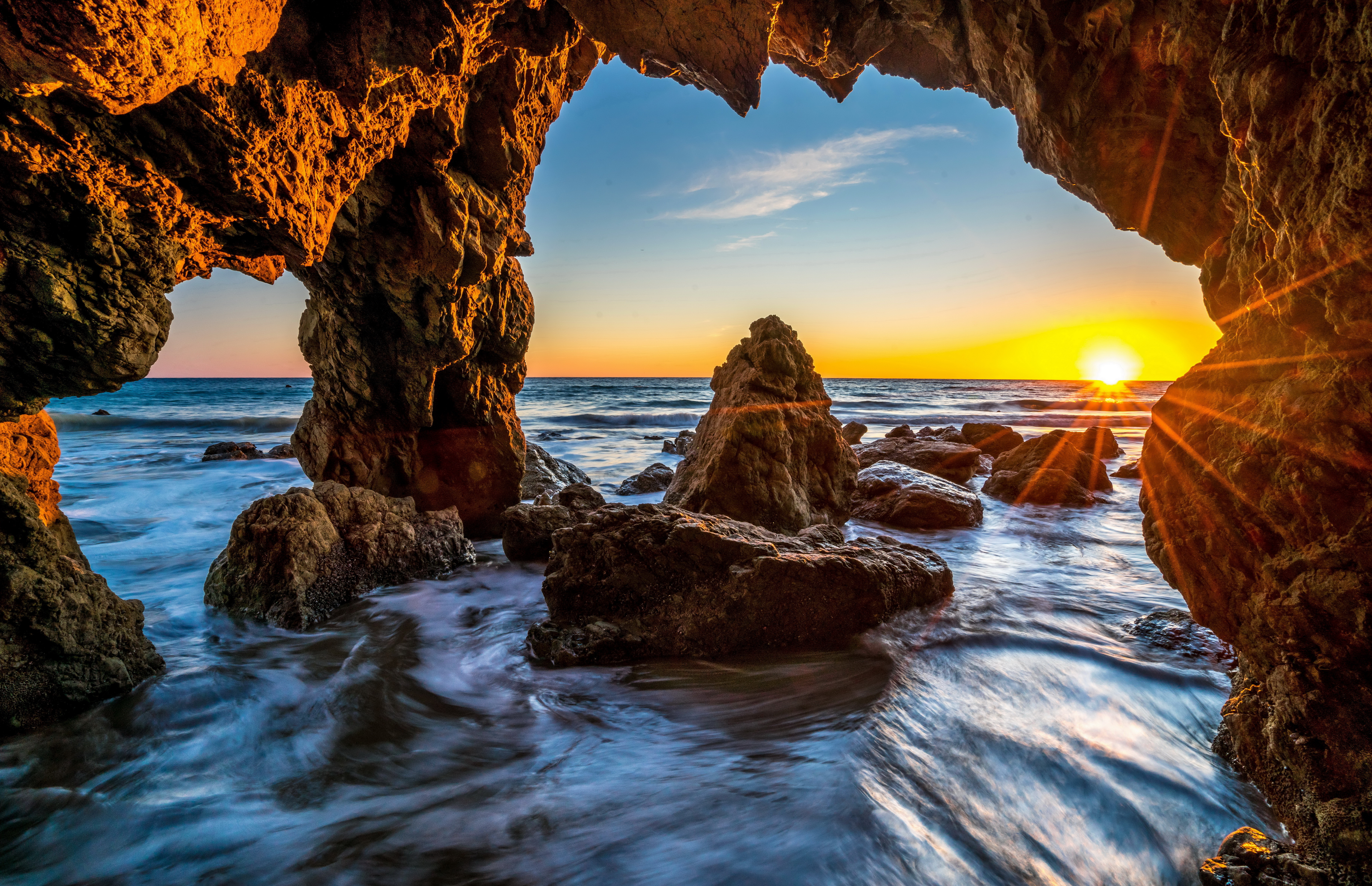 Cave Horizon Nature Ocean Rock Sunrise HD WALLPAPER