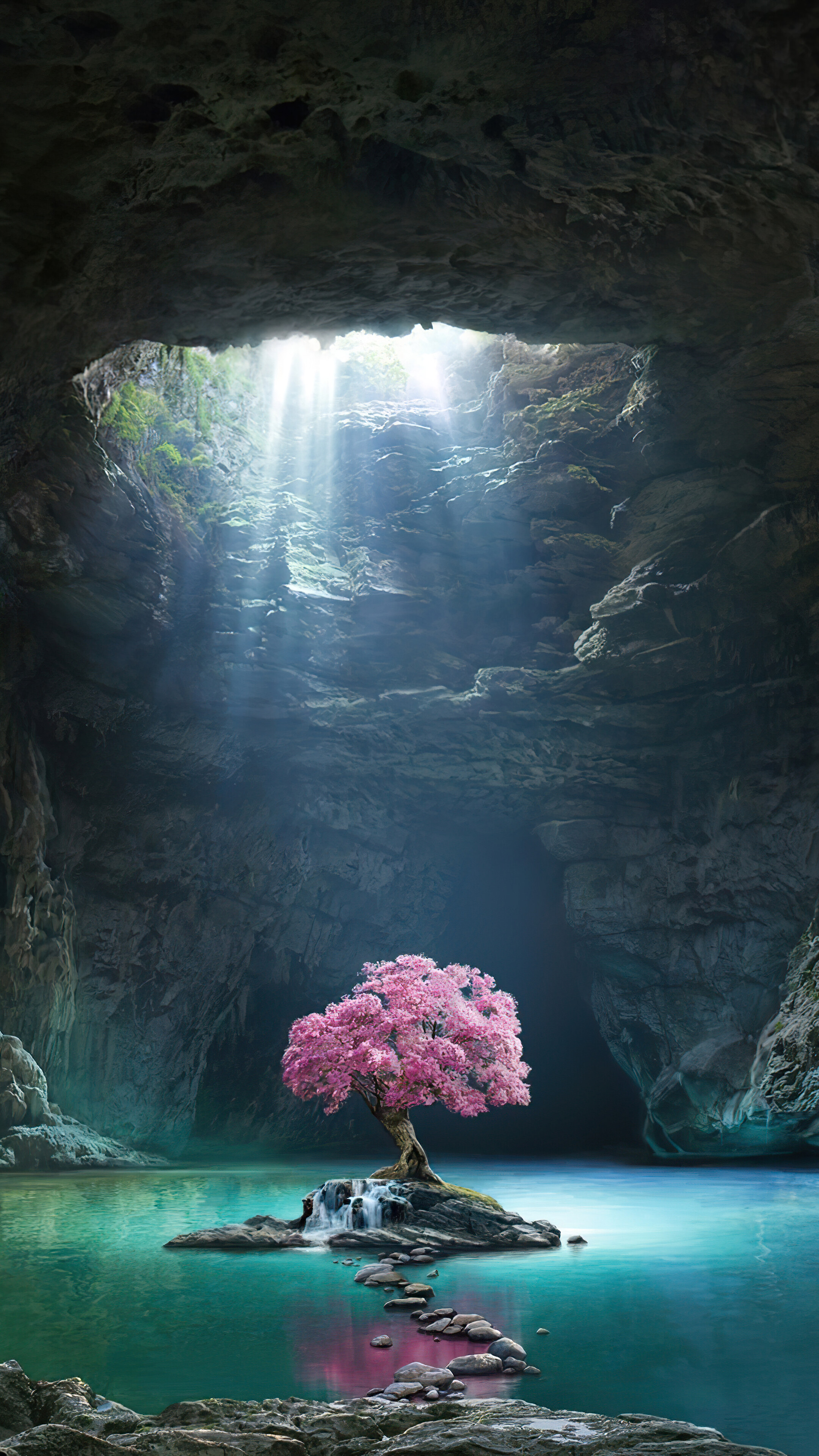 Beautiful, Cherry Blossom, Cave, Lake, Scenery, 4k Gallery HD Wallpaper