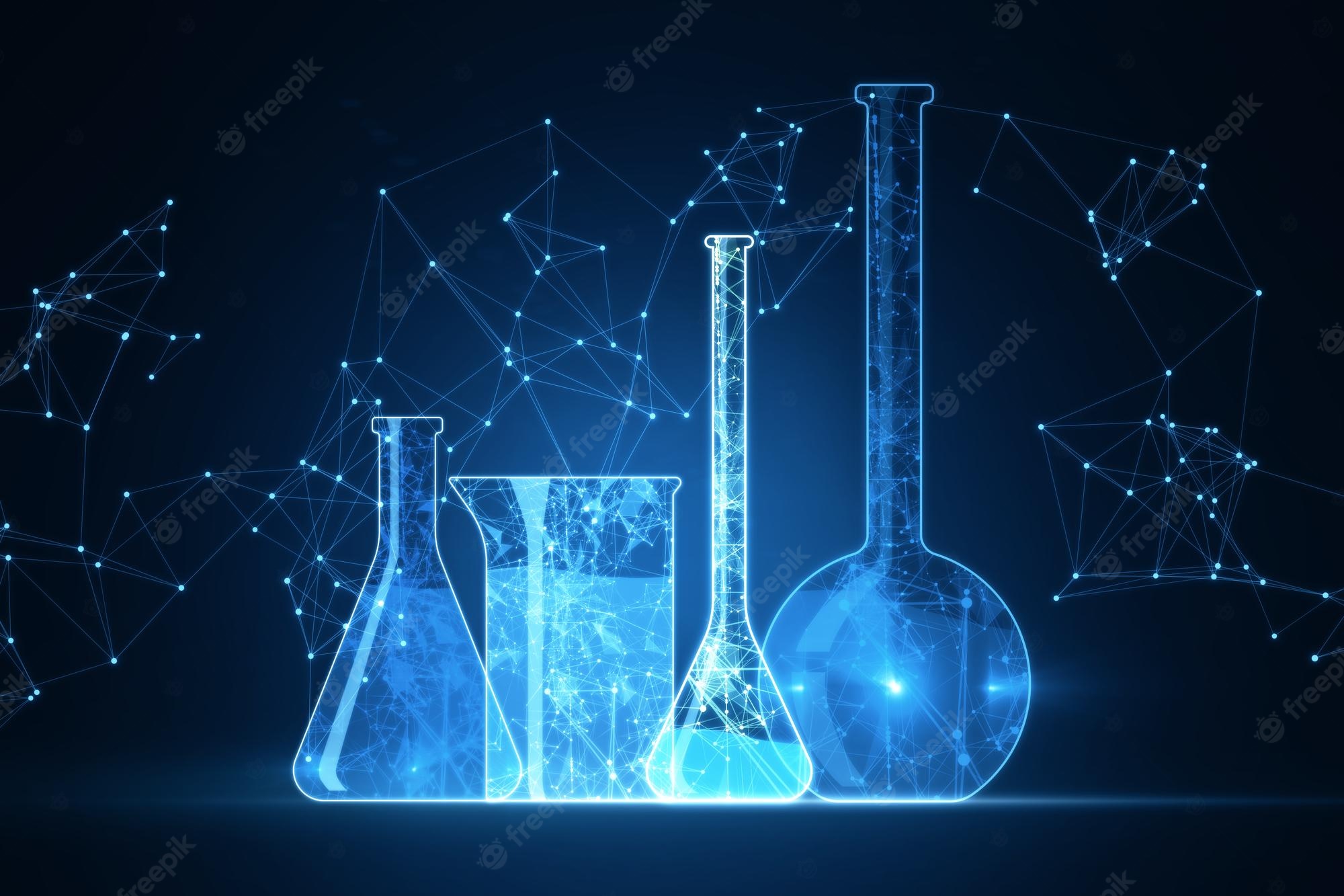 Premium Photo. Blue scientific wallpaper with low poly network and flasks genetic research genetic engineering dna genome modern medicine and biotechnology human cell biology 3D rendering