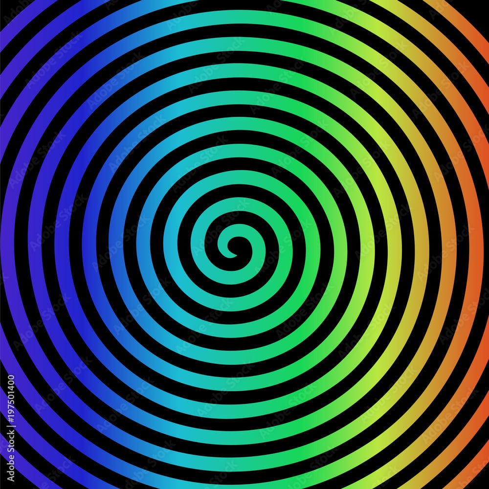 Black rainbow round abstract vortex hypnotic spiral wallpaper. Stock Vector
