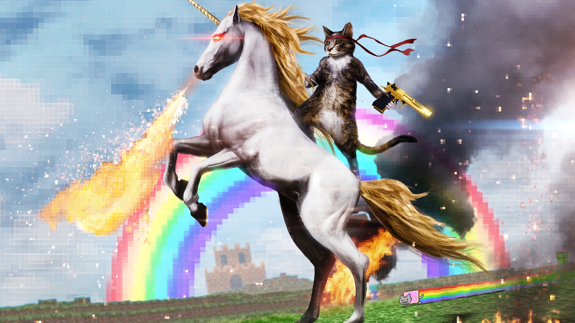 Cat Holding A Gun Whilst Riding A Unicorn That Is Shooting Flames From Its Mouth