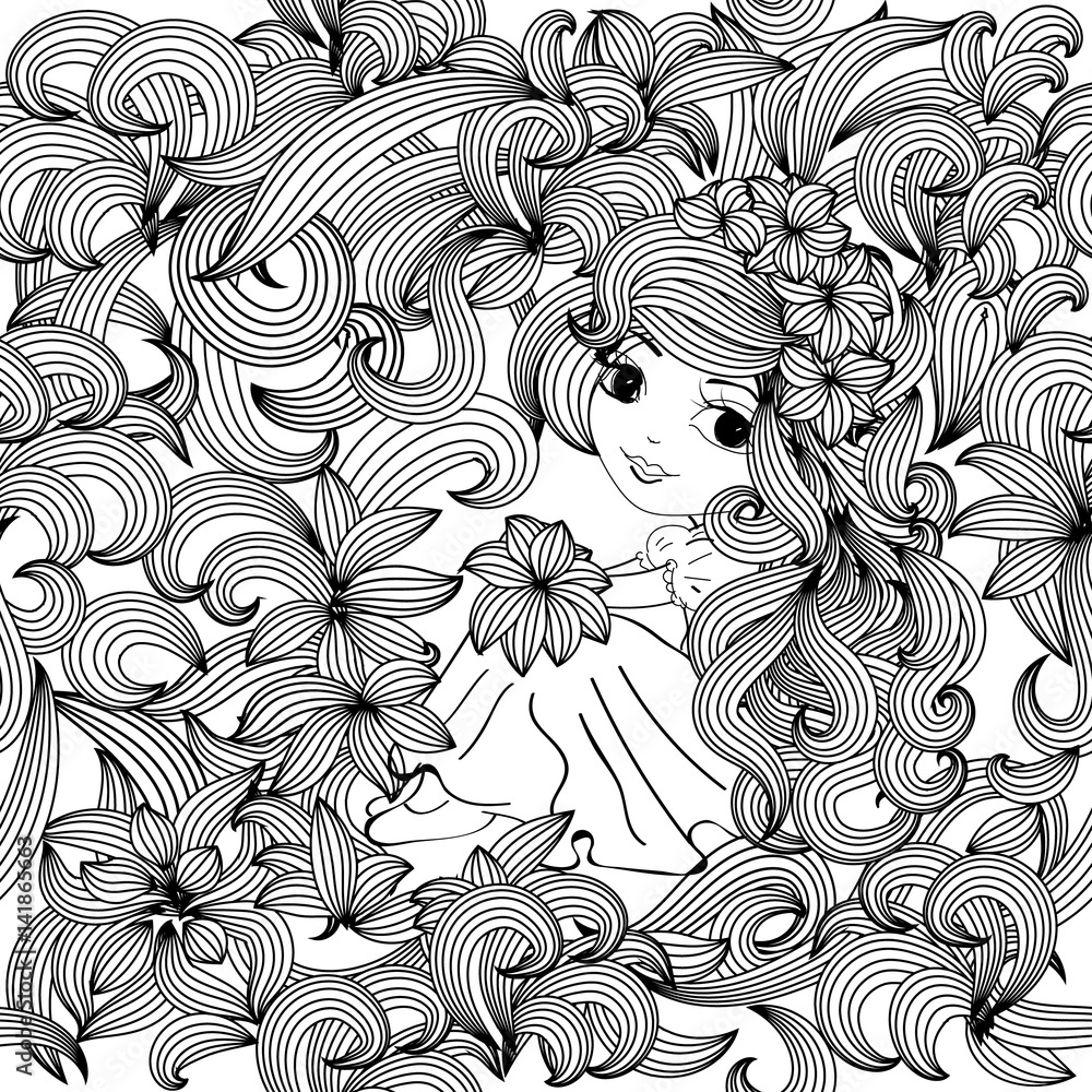 Floral seamless pattern. White vector background wallpaper illustration with black line art hand drawn flowers, little girl with big beautiful eyes, curly long hairs. isolated girl princess pattern Stock Vector