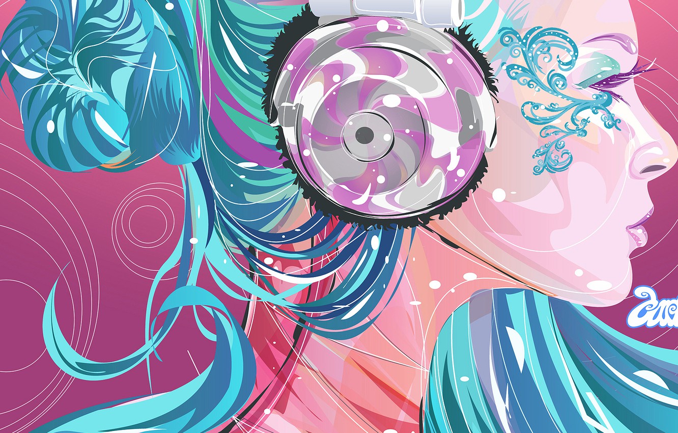 Wallpaper color, girl, bright, Vector, headphones, profile, blue hair image for desktop, section стиль