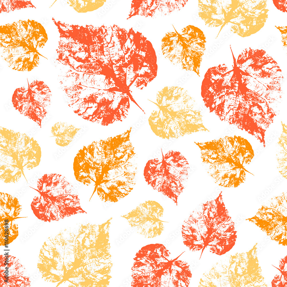 Seamless vector pattern herbal autumn texture background orange, yellow, red imprint leaves sketch isolated on white, Perfect for wallpaper, textiles, packaging, organic, natural project etc Stock Vector
