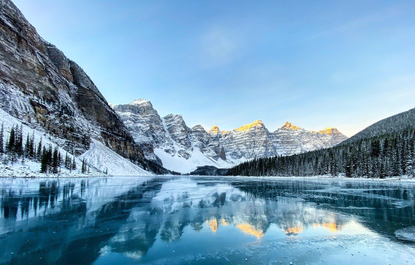 Wallpaper the sky, water, snow, mountains, lake, reflection, Canada, forest, Canada, nature, reflections, Moraine Lake, Moraine image for desktop, section природа