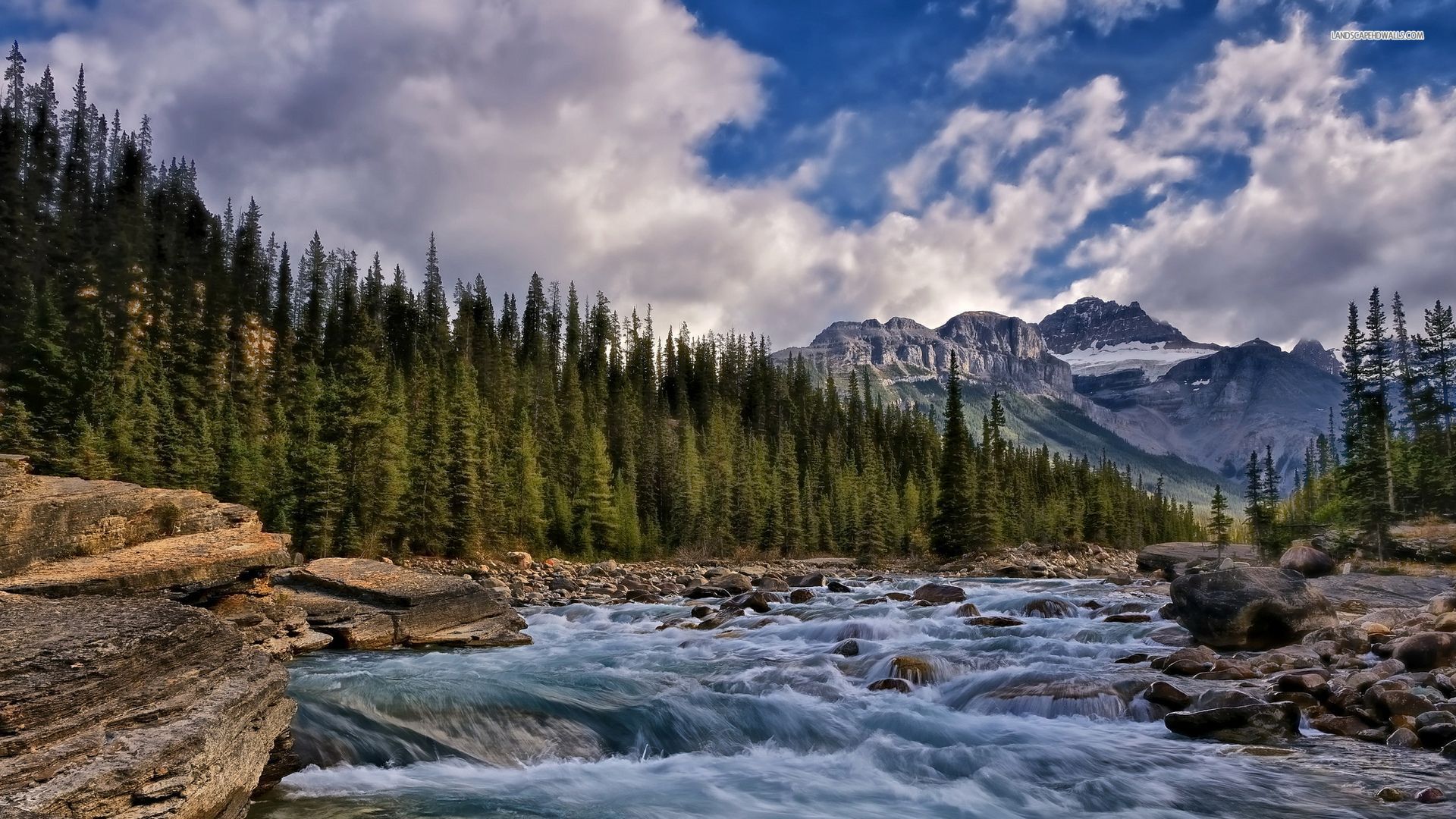 Banff National Park, canada, mountain, forest, tree, river, sky, cloud, nature desktop PC and Mac wallpaper