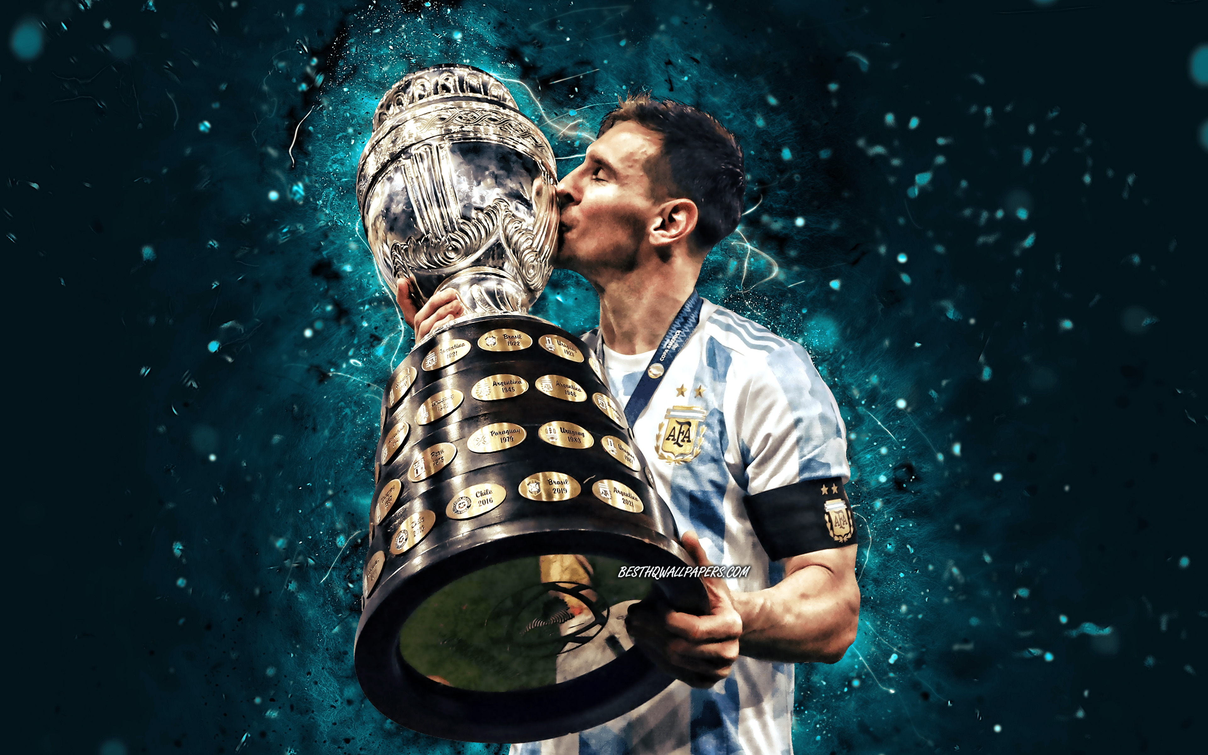 Download wallpaper Lionel Messi with cup, Argentina national football team, 4K, football stars, Leo Messi, blue neon lights, Lionel Andres Messi Cuccittini, Lionel Messi, soccer, Messi, Argentine National Team, Lionel Messi