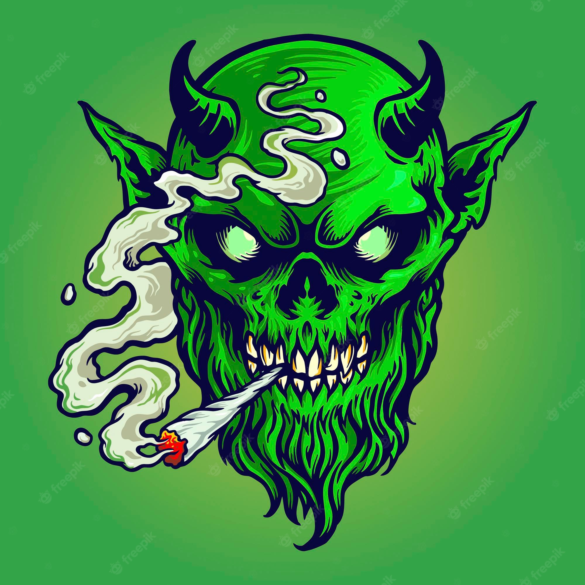 Premium Vector. Angry devil smokes marijuana