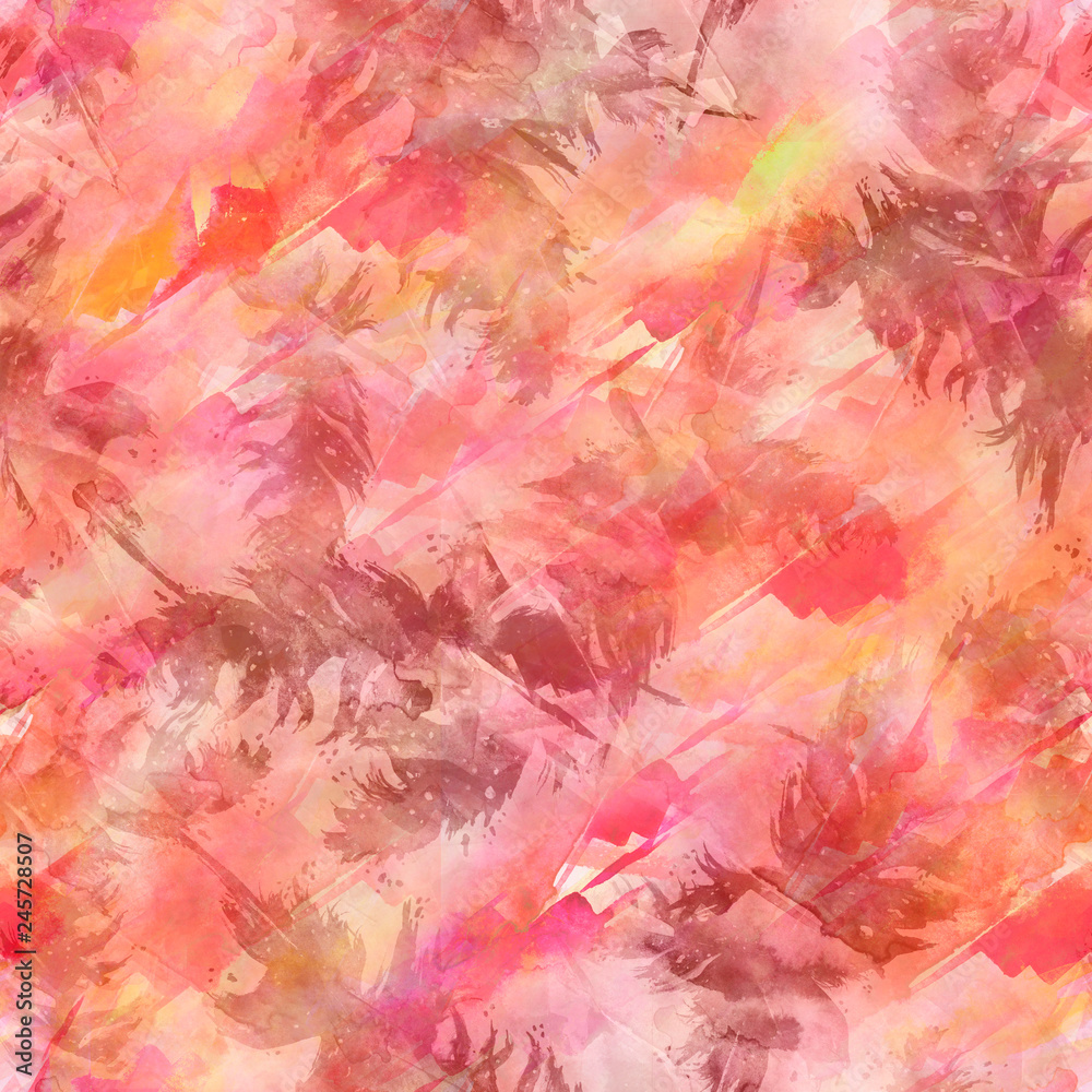Seamless watercolor abstract background with beautiful pink, purple, lilac feathers, autumn leaf drawings. Vintage illustration with an abstract pink paint glue. For textiles, material, wallpaper. Stock Illustration