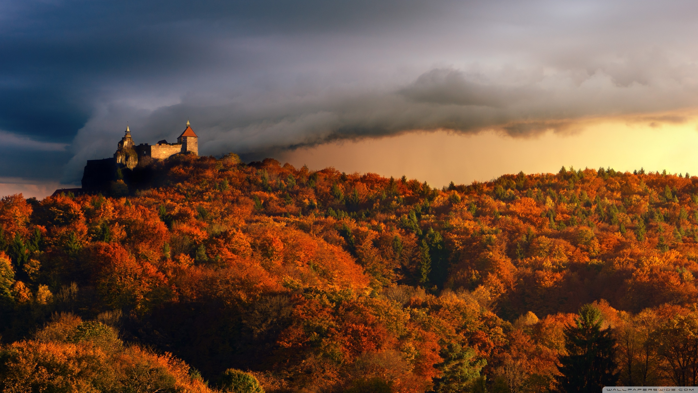 Castle, Forest, Autumn, Approaching Storm Ultra HD Desktop Background Wallpaper for: Widescreen & UltraWide Desktop & Laptop, Multi Display, Dual Monitor, Tablet