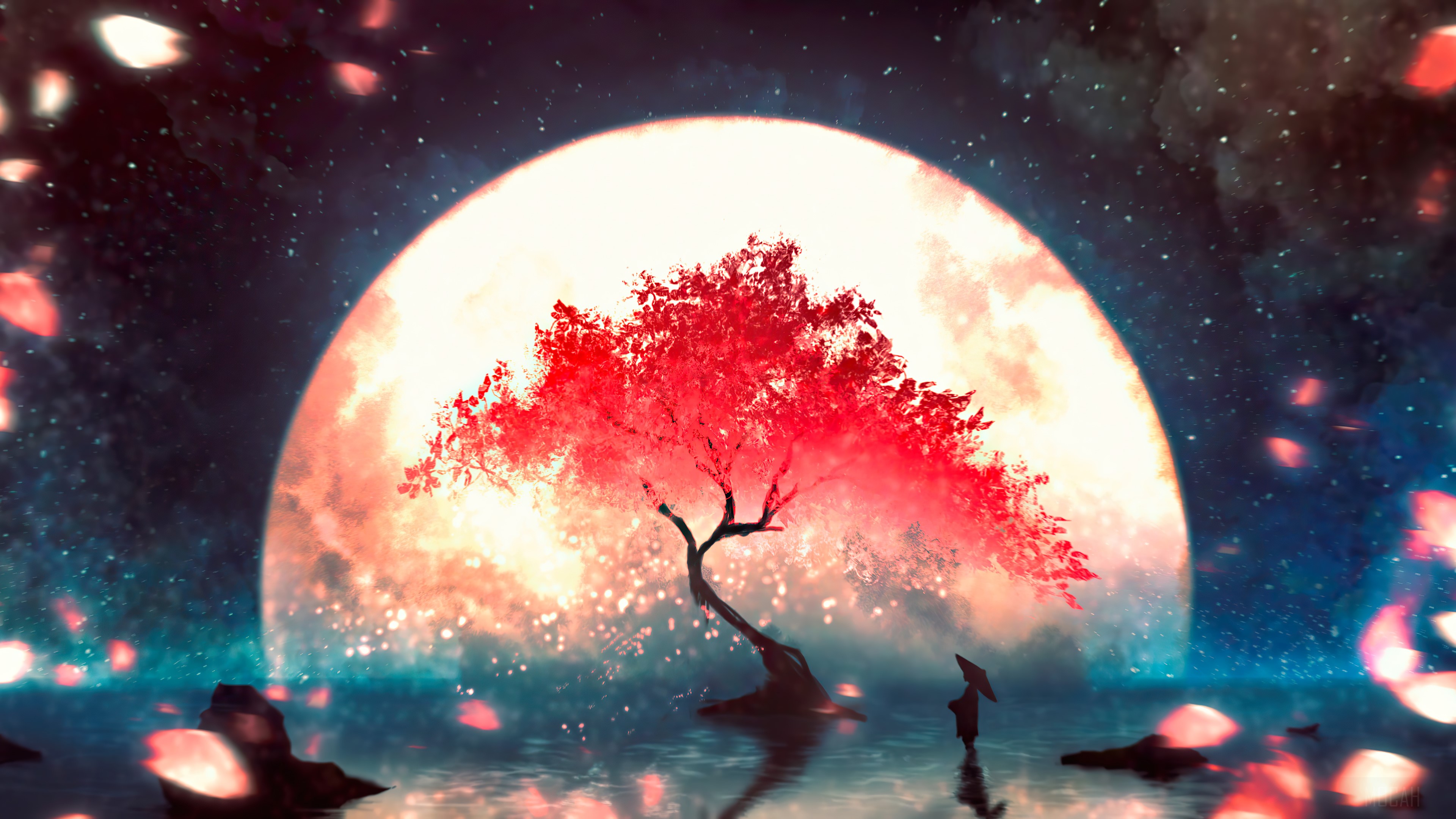 Anime, Night, Scenery, Moon, Cherry Blossom 4k Gallery HD Wallpaper