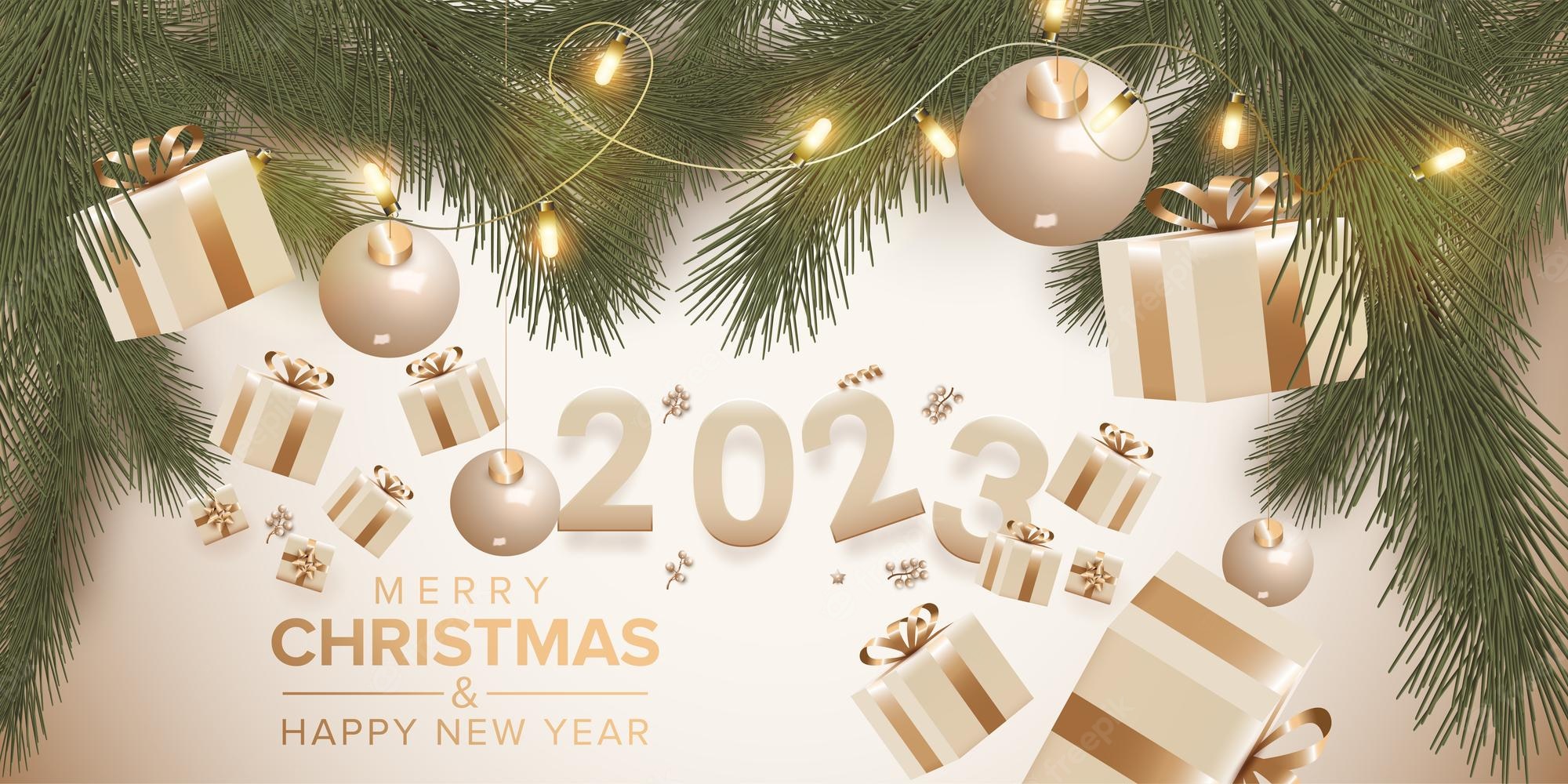 Premium Vector. Merry christmas and happy new year 2023 top view banner