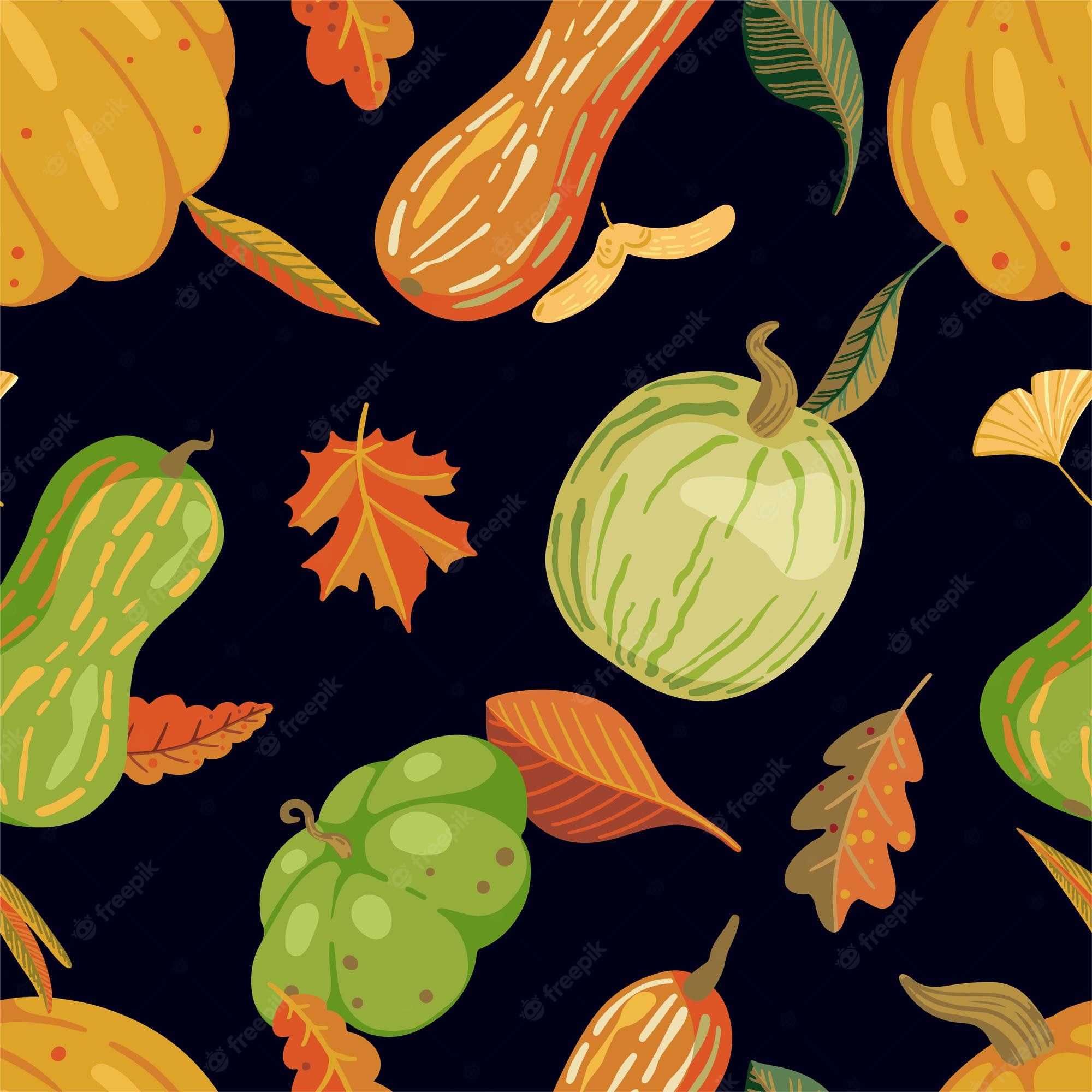 Premium Vector. Fall harvest vector seamless pattern pumpkins and leaves autumn season ornament in cartoon style abstract design for background wallpaper textile decor