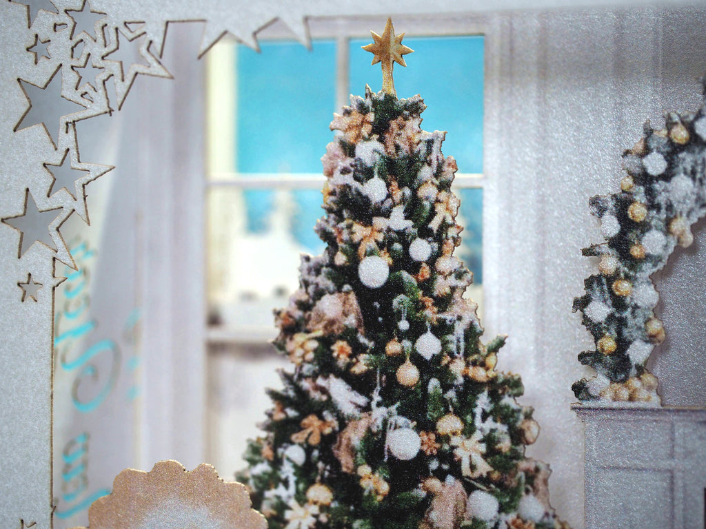 Christmas house 2023. Paper pop up card. Fireplace miniature, Christma