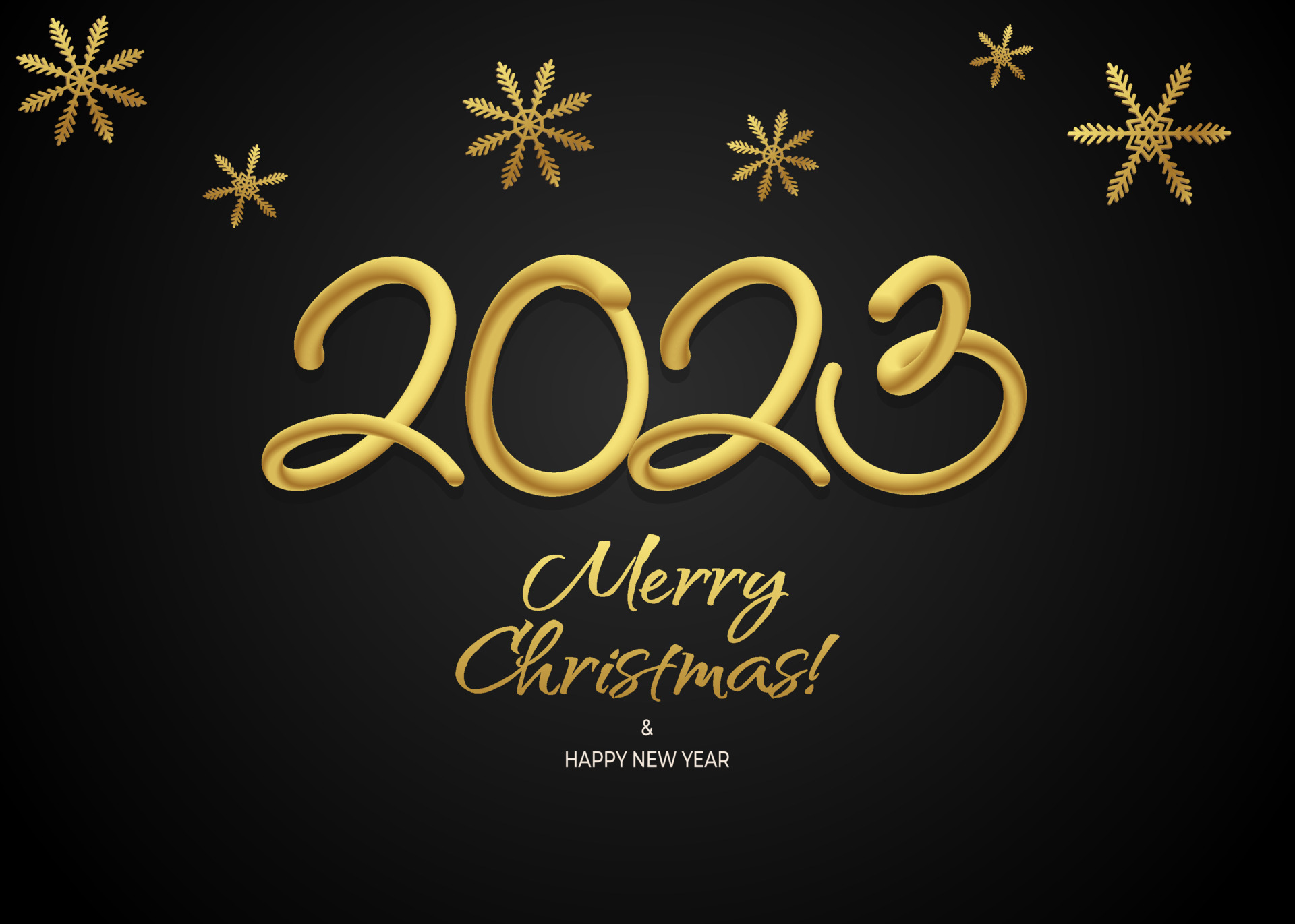 Happy new year 3D 2023 greeting wallpaper vector. Merry Christmas design greeting text with christmas decor elements such as a snowflakes on a black background with luxury gold. Vector Art