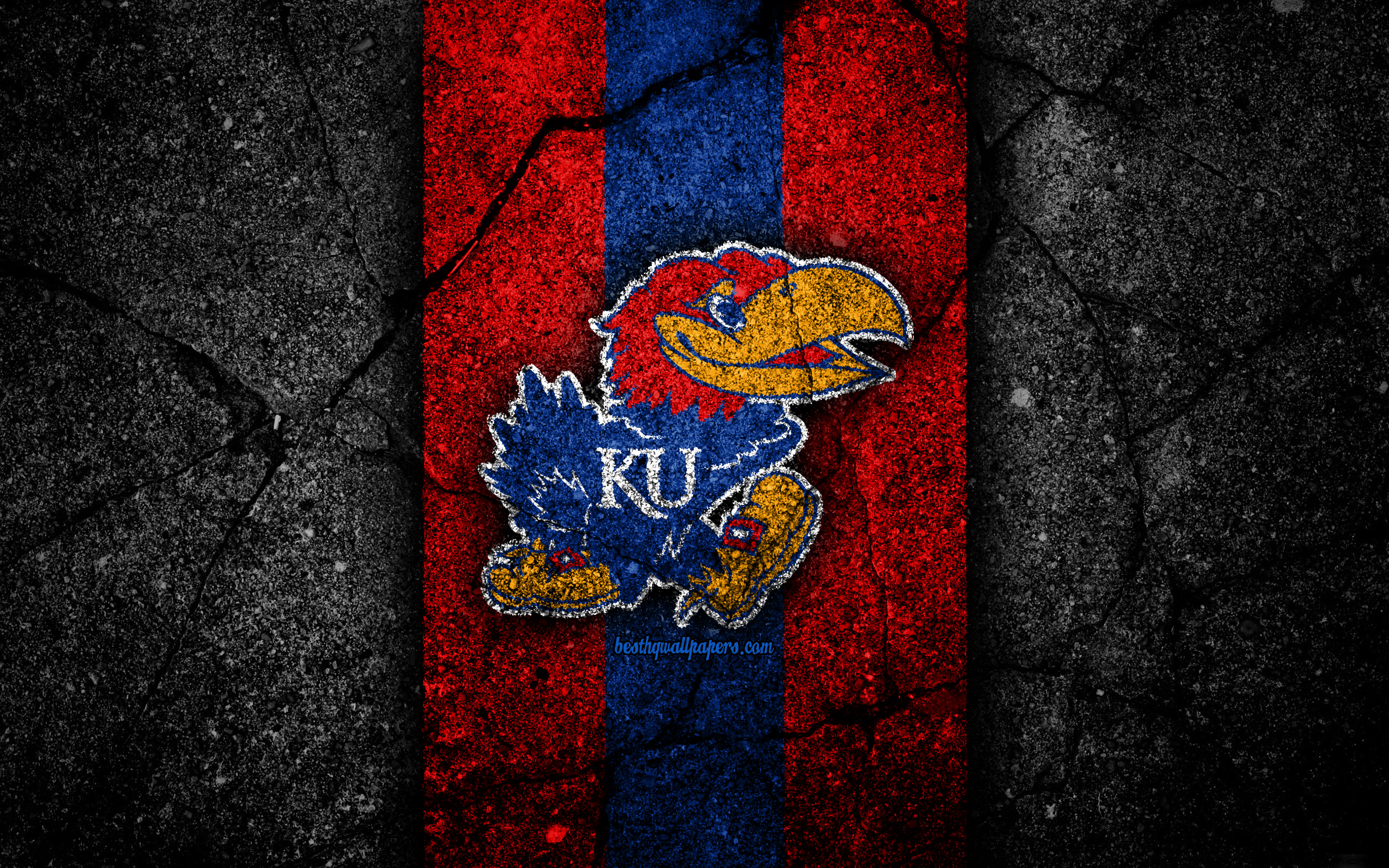 Download wallpaper University of Kansas Jayhawk, 4k, american football team, NCAA, red blue stone, USA, asphalt texture, american football, University of Kansas Jayhawk logo for desktop with resolution 3840x2400. High Quality HD