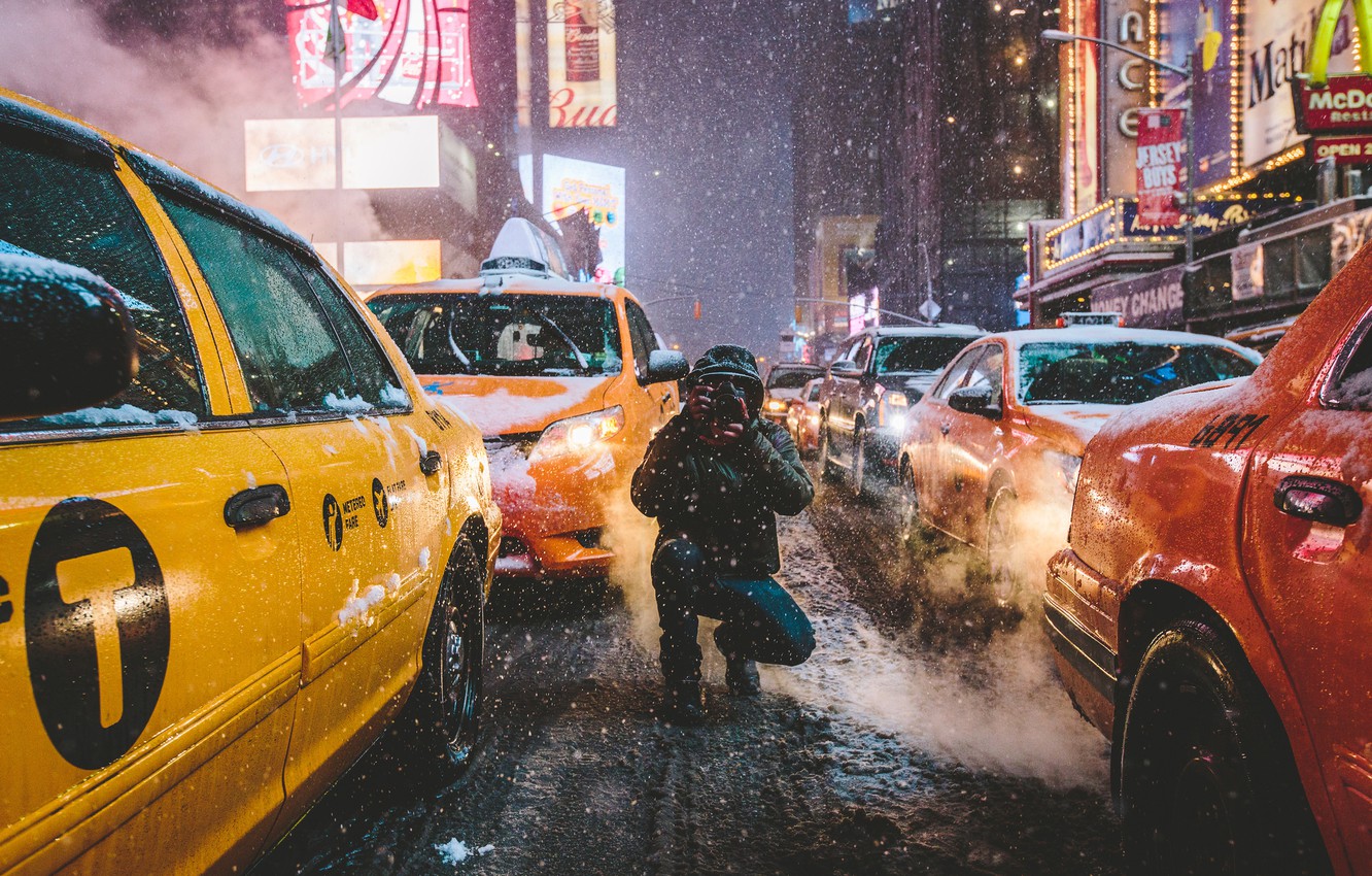 Wallpaper winter, street, New York, neon, camera, taxi, male, Manhattan, cars, United States Of America, Times Square image for desktop, section город