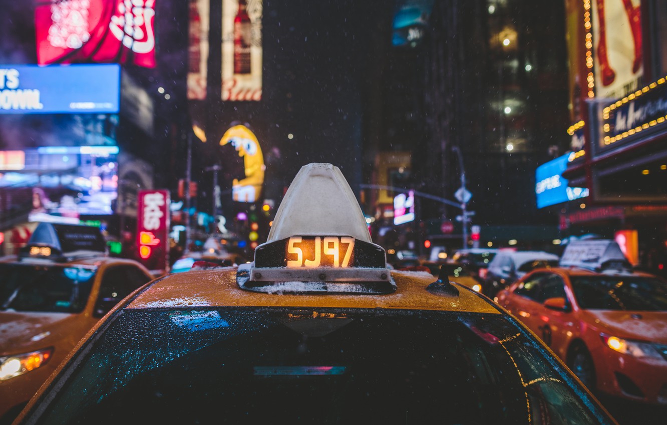 Wallpaper winter, glass, drops, snow, lights, street, New York, taxi, Manhattan, cars, night, United States, neon, Times Square image for desktop, section разное