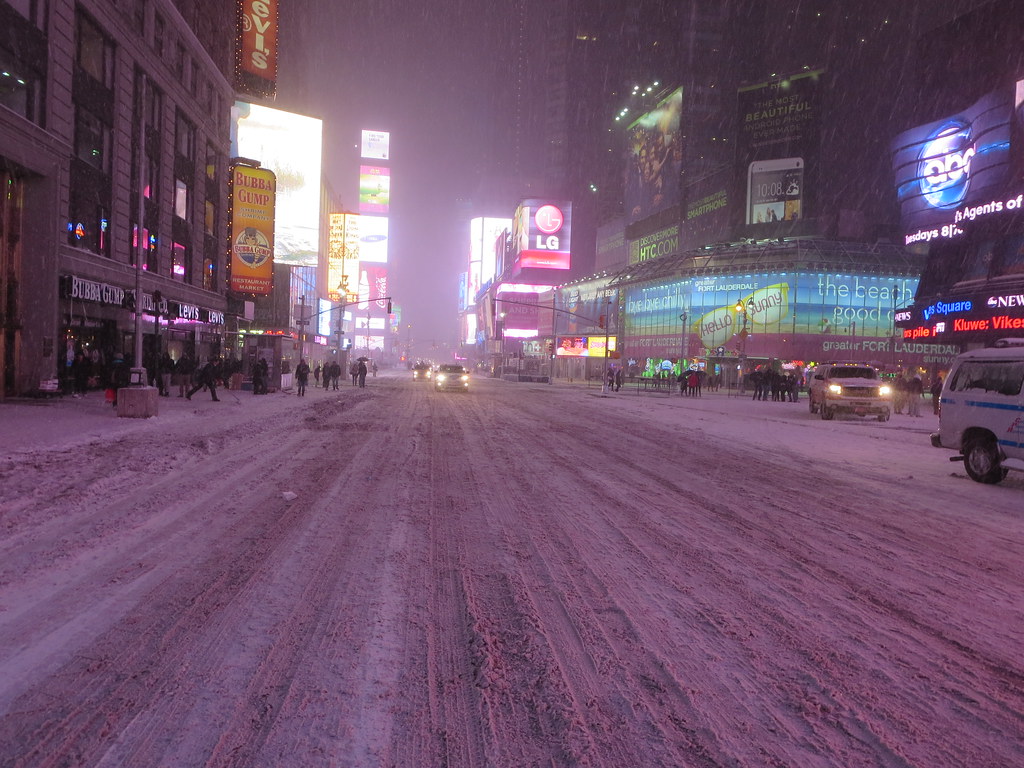 Times Square, New York City, USA during winter snow storm